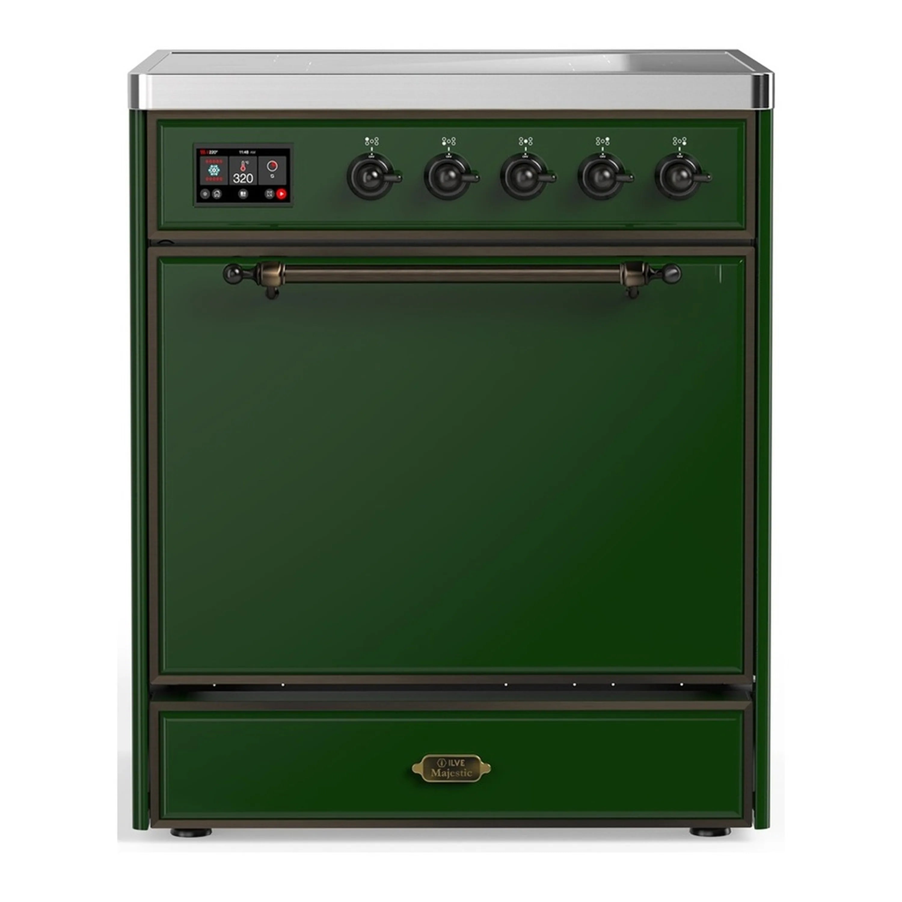 Emerald green induction range with four burners and solid oven door, stainless trim