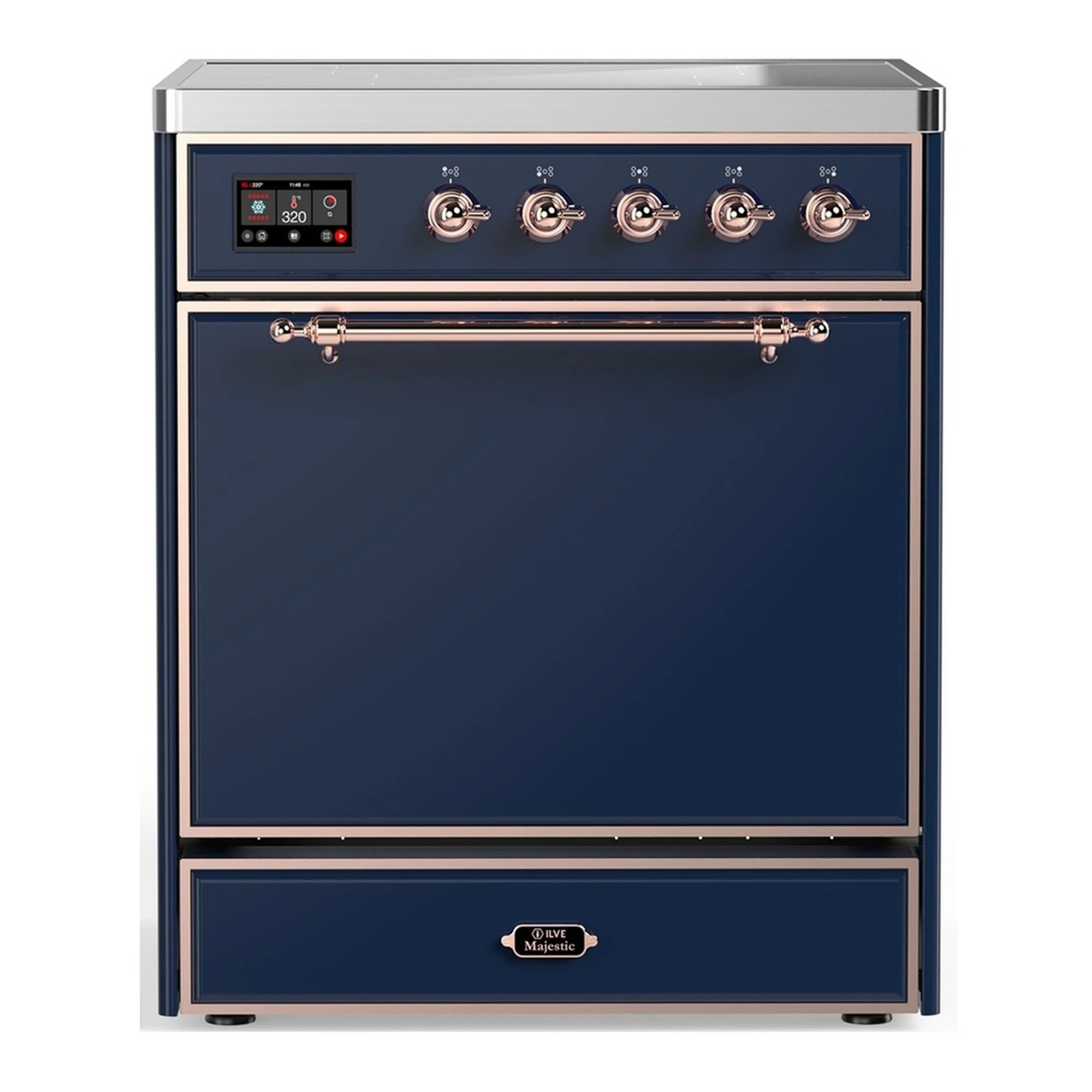 Induction range with solid electric oven door, midnight blue finish and copper trim