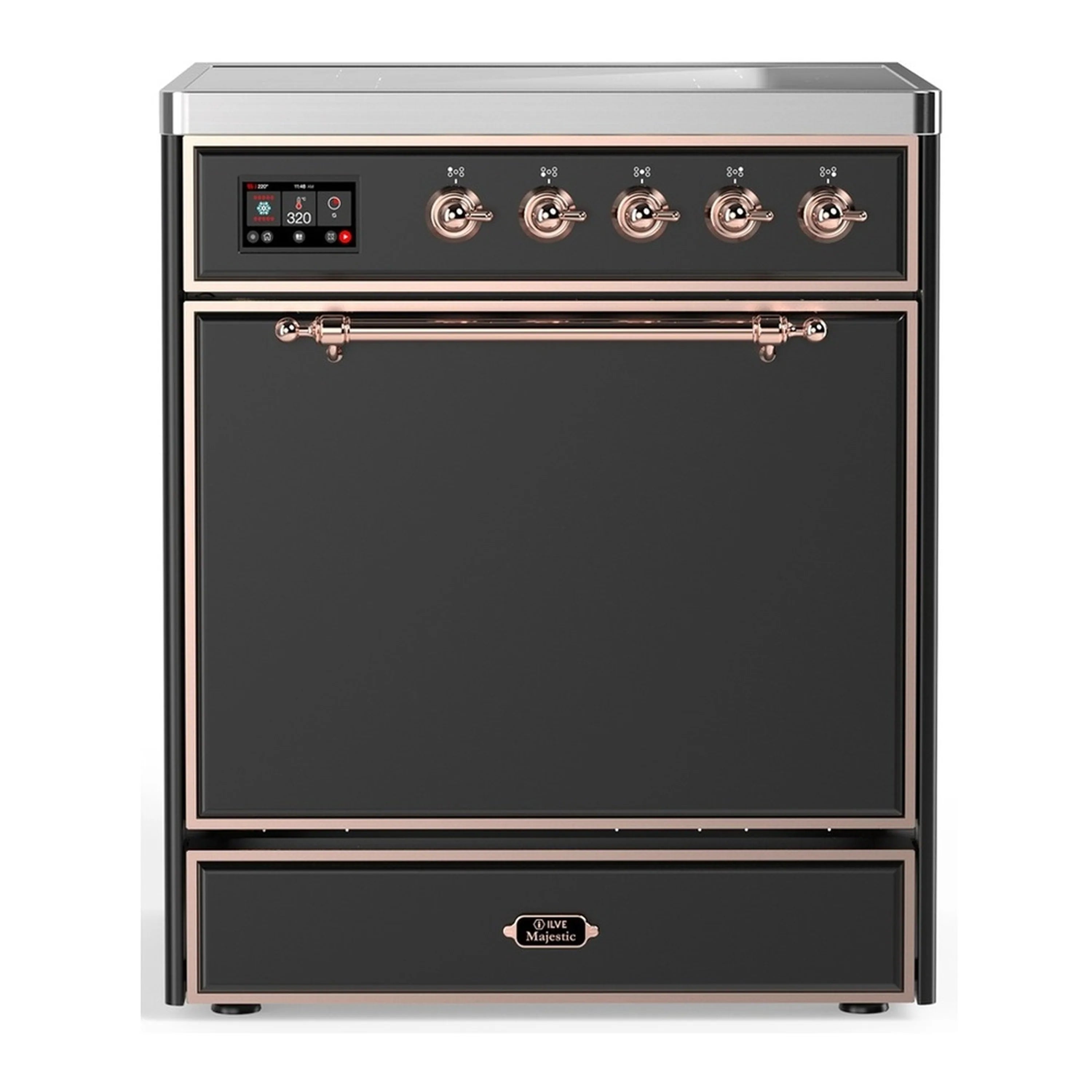 Matte graphite induction range front with copper knobs, control display, and oven door