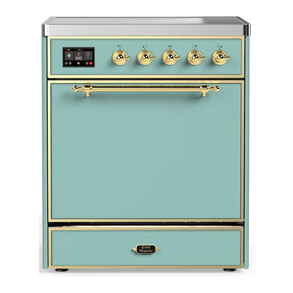ILVE Majestic III 30-Inch Induction Range with 4 Induction Elements and Solid Door Electric Oven in Mediterranean Mint with Brass Trim (UMIB30QNR3MMG)