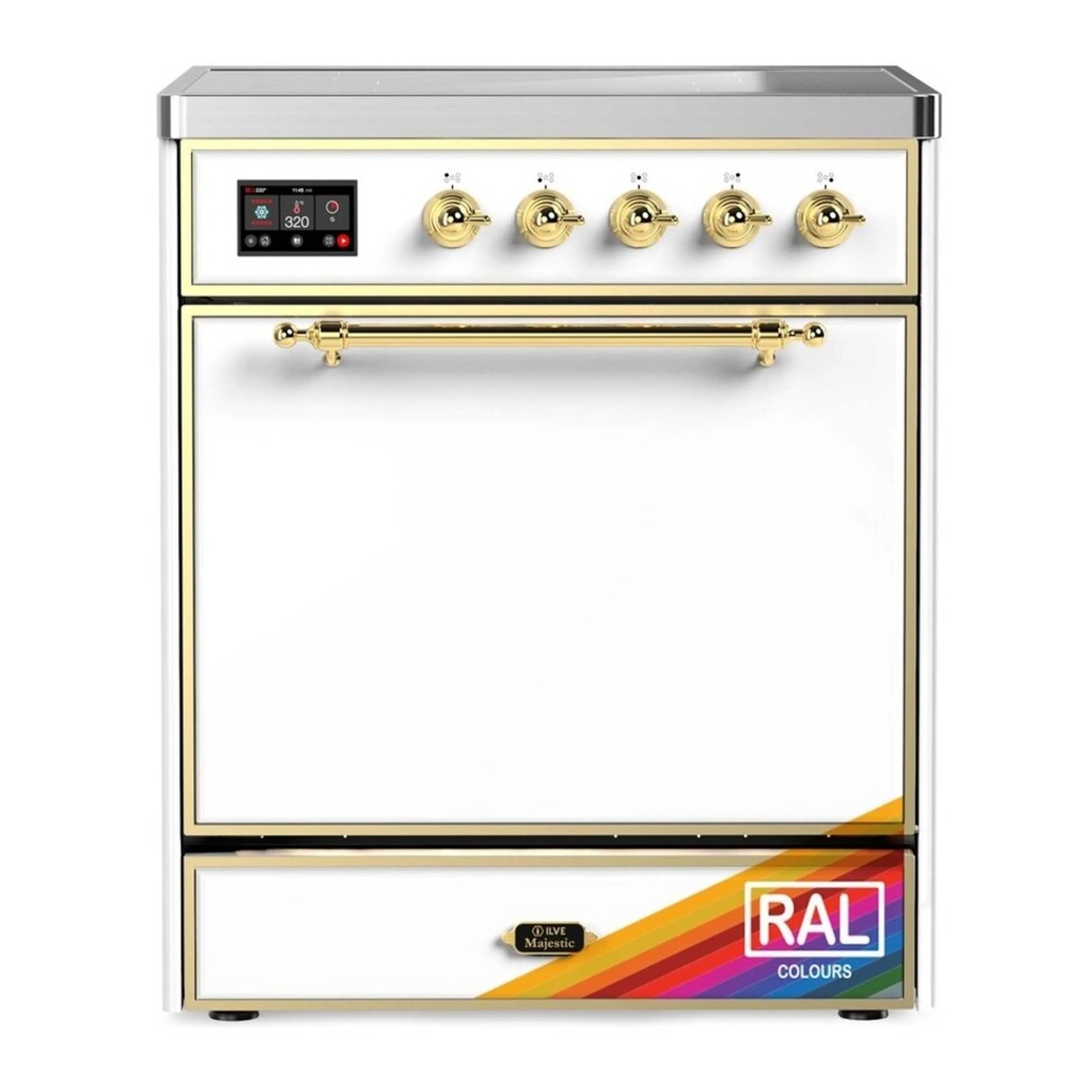 Freestanding induction range with solid door electric oven, brass-trim front and control knobs