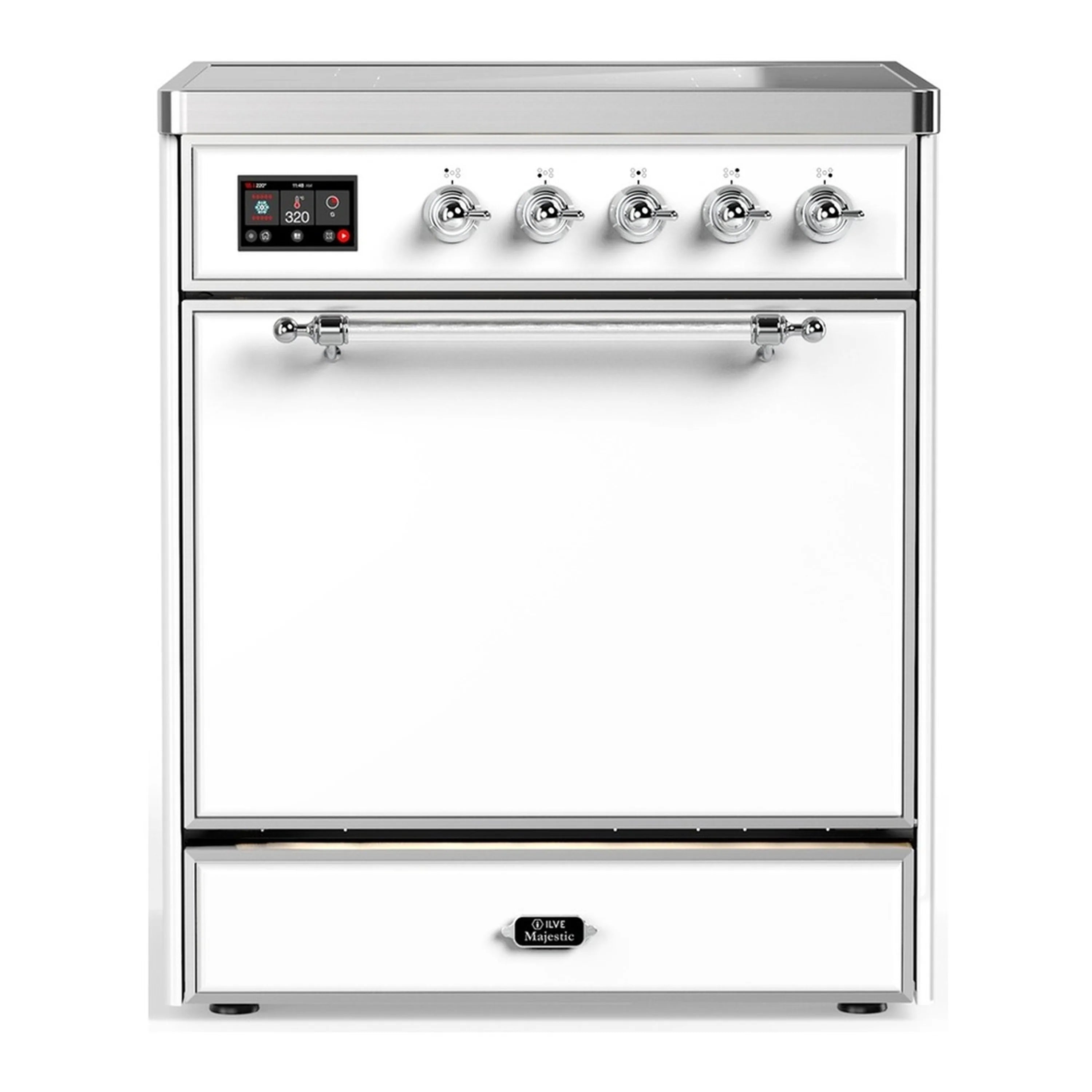 White induction range with chrome trim, front door and control panel with burner knobs