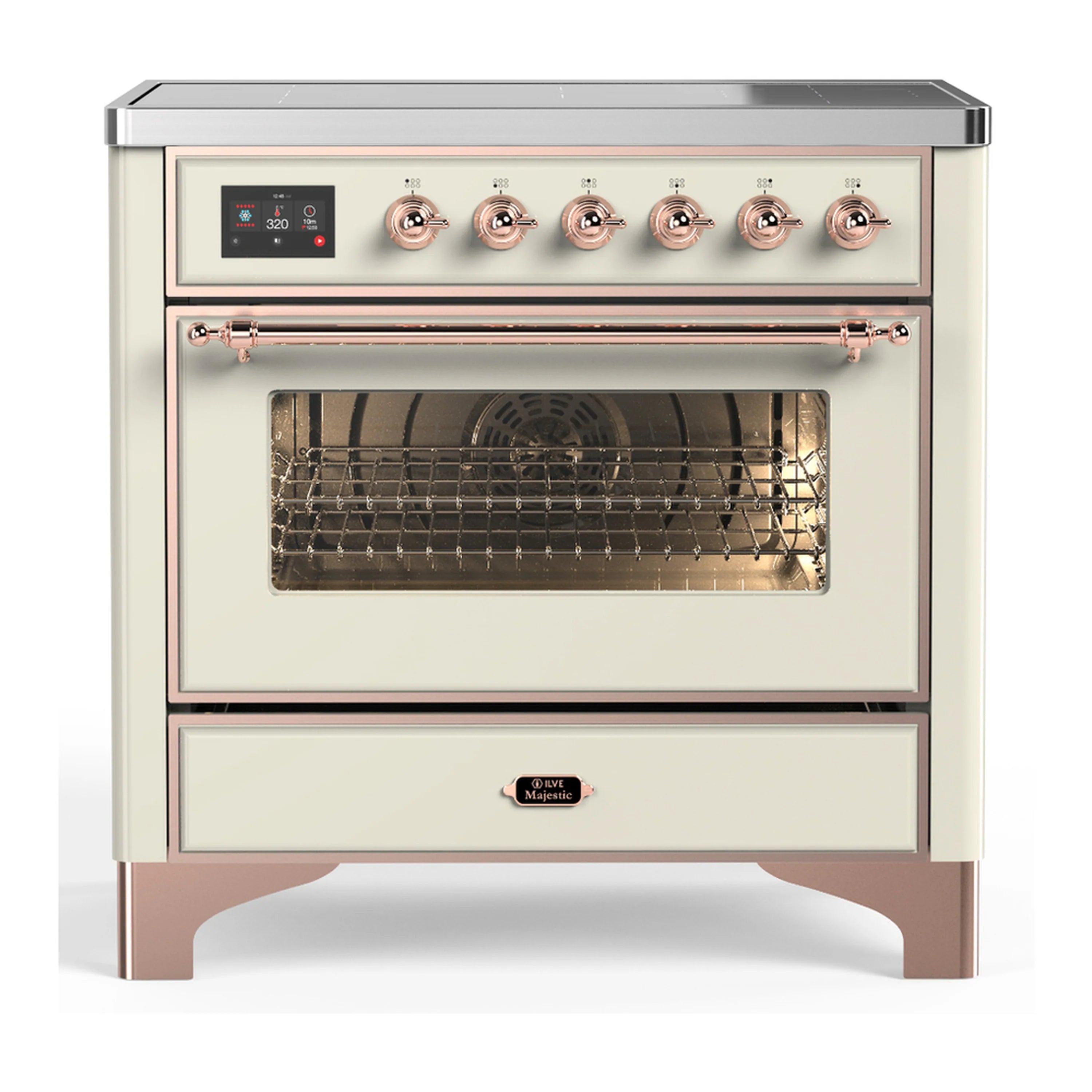 Antique white induction range with copper trim, front control panel, and open oven door