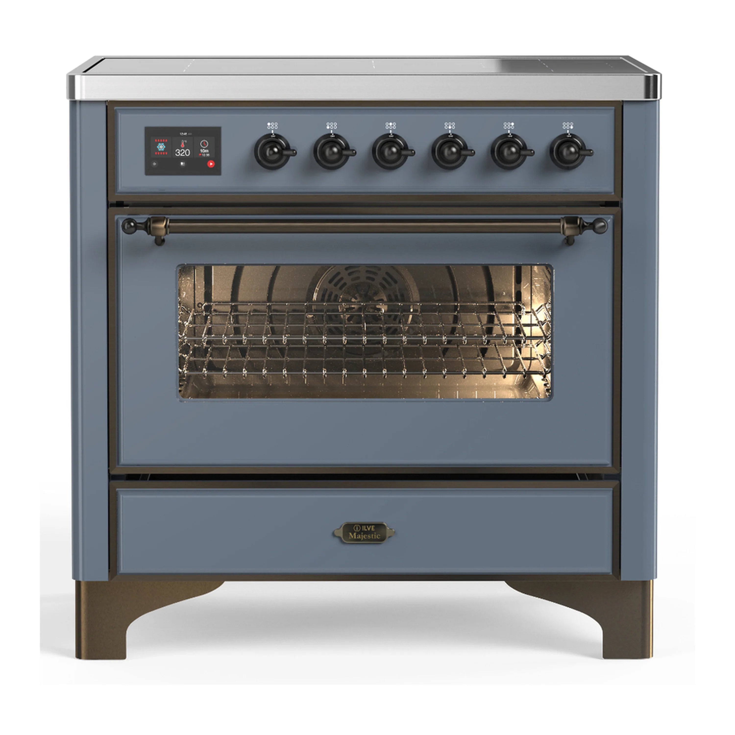 Blue grey induction range with open triple-glass oven door and control knob panel