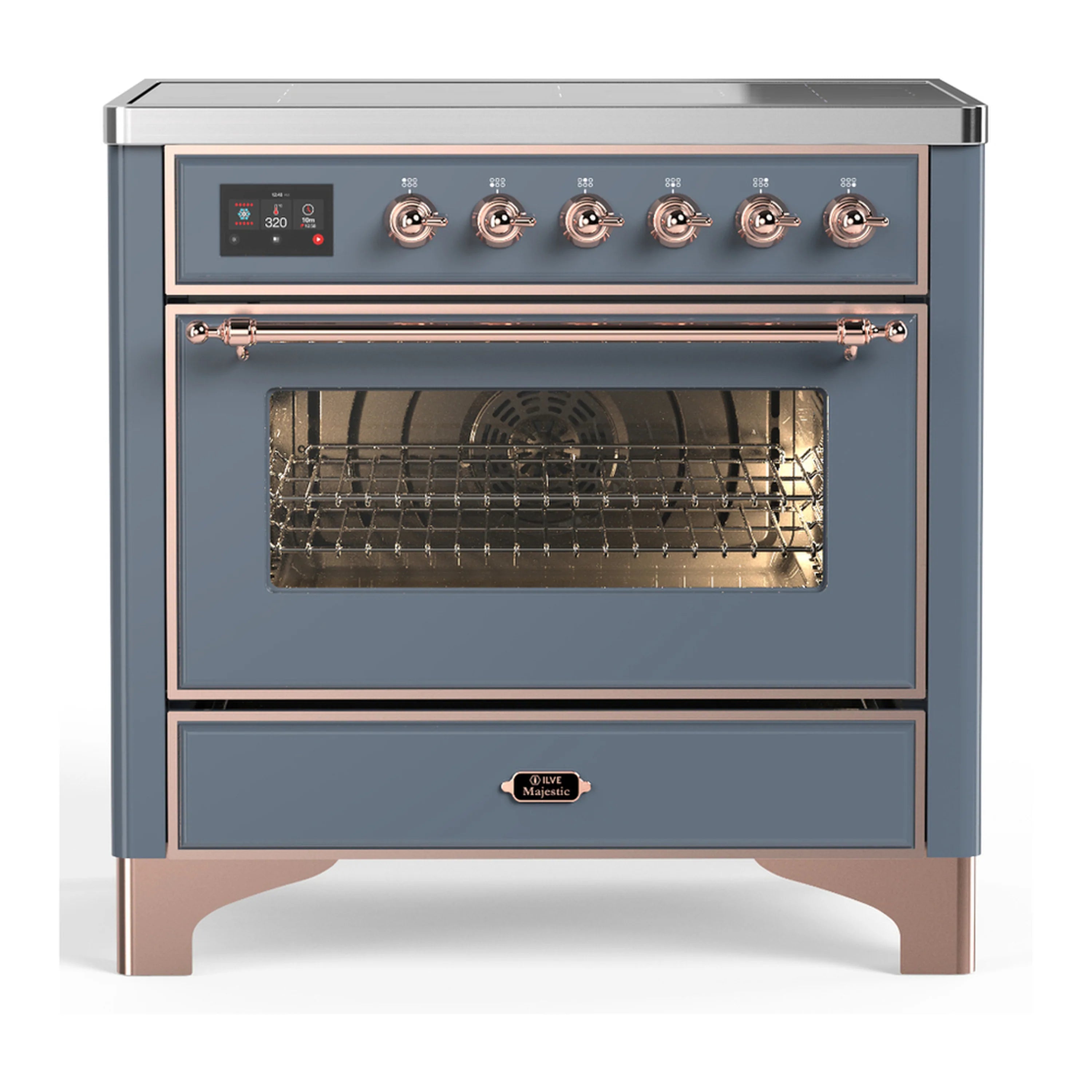 Blue-grey induction range with 6 copper knob controls and open-glass oven door