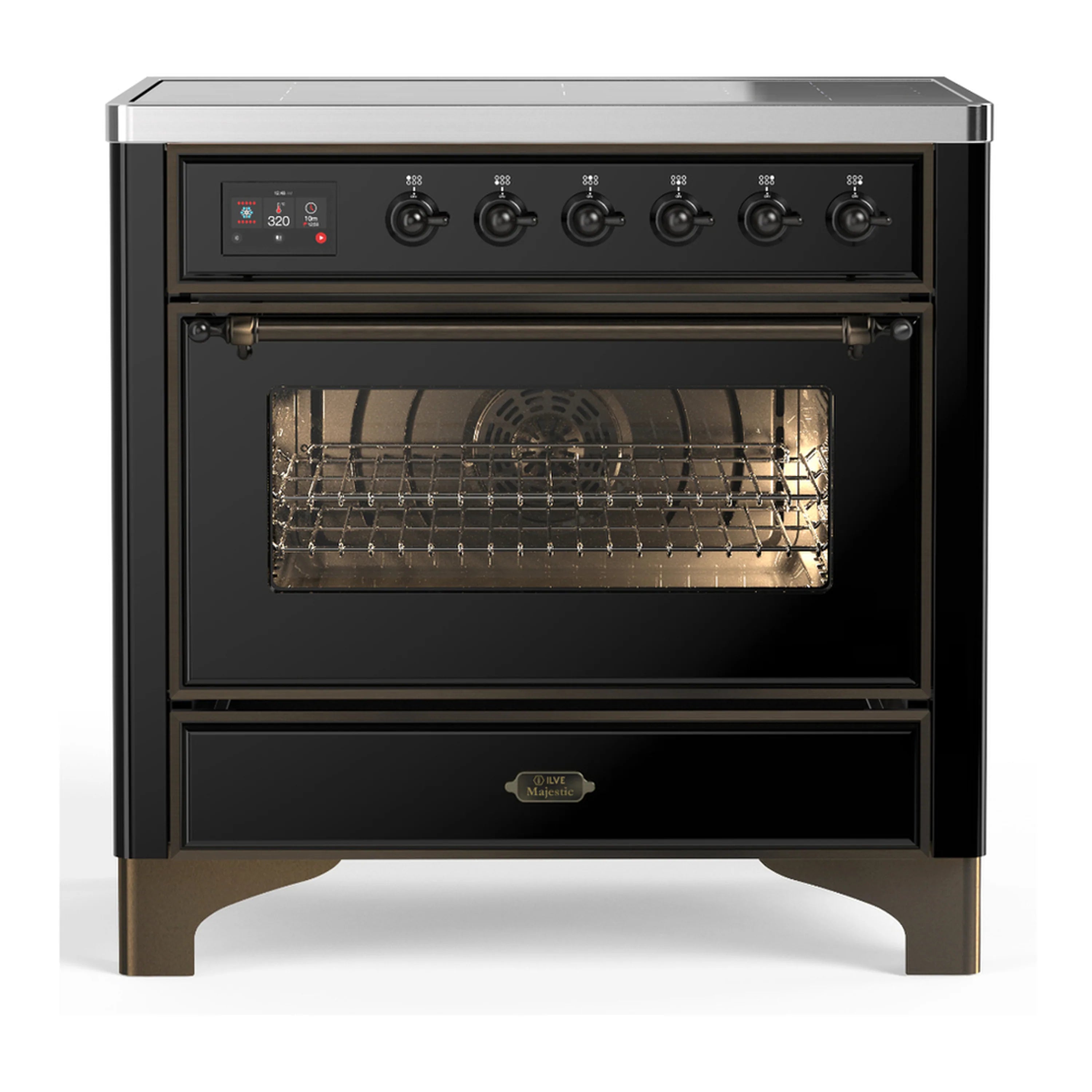 Glossy black induction range with open triple-glass oven door and 6 induction controls