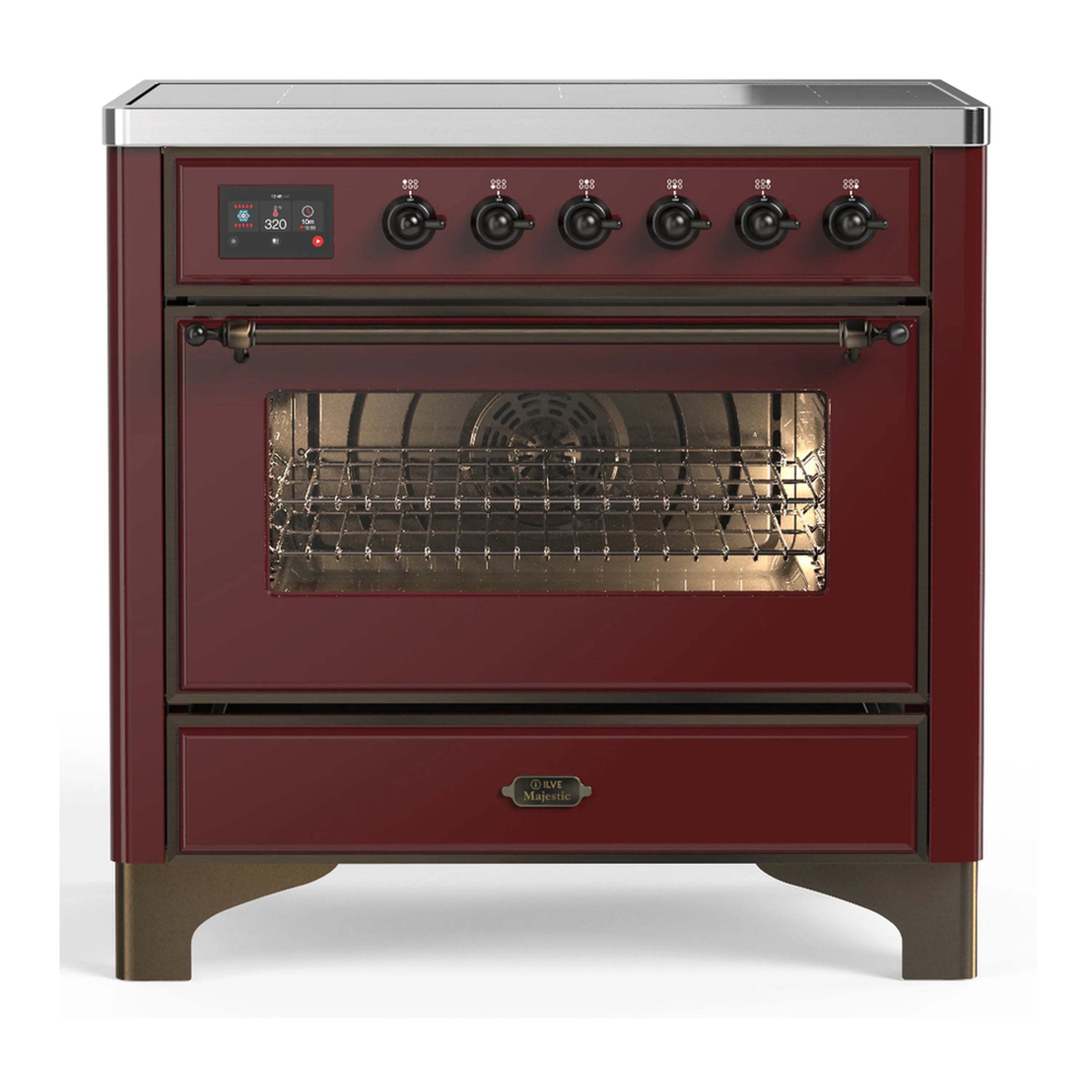 Burgundy induction range with glass-door oven, six burners, and front control panel