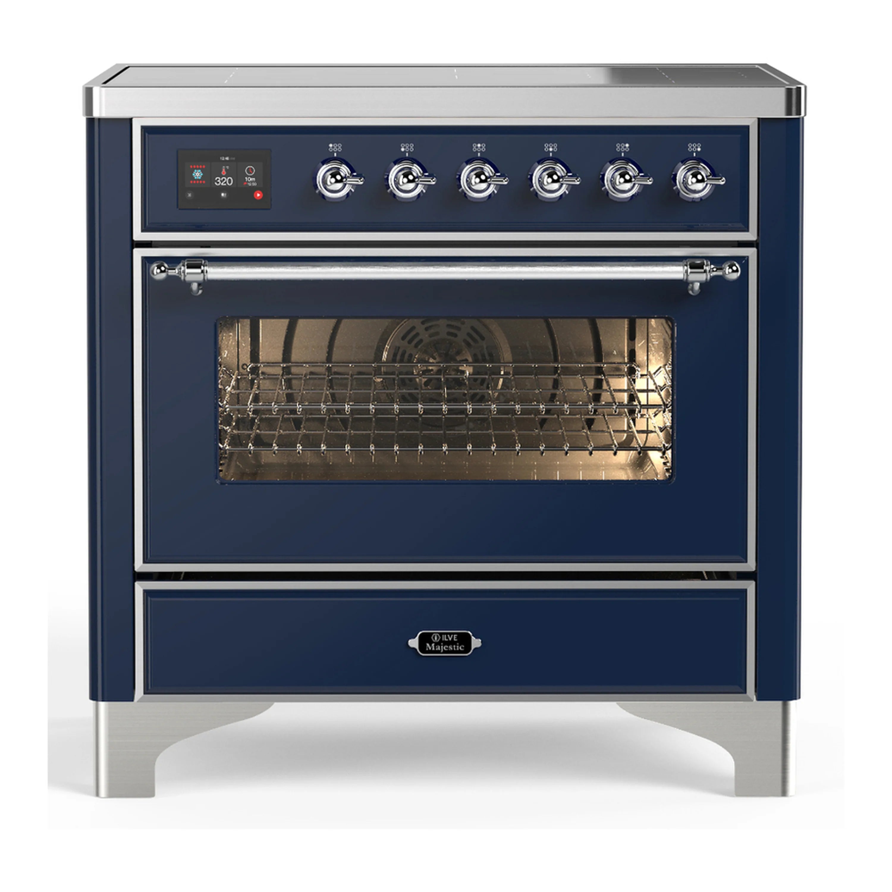 Blue induction range with chrome trim, control knobs, and oven door open to wire rack