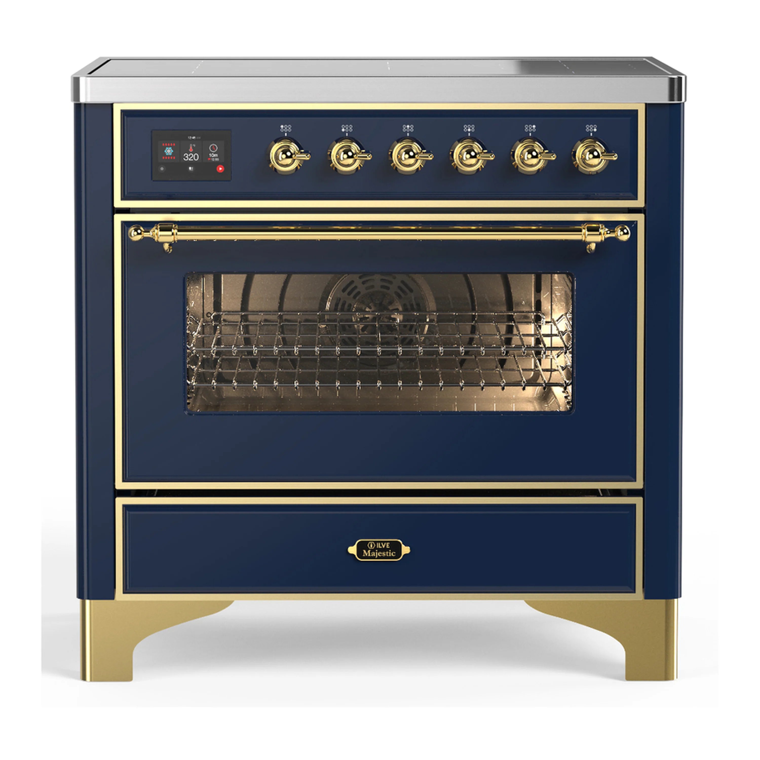 Midnight blue induction range with brass trim, oven open, glass door