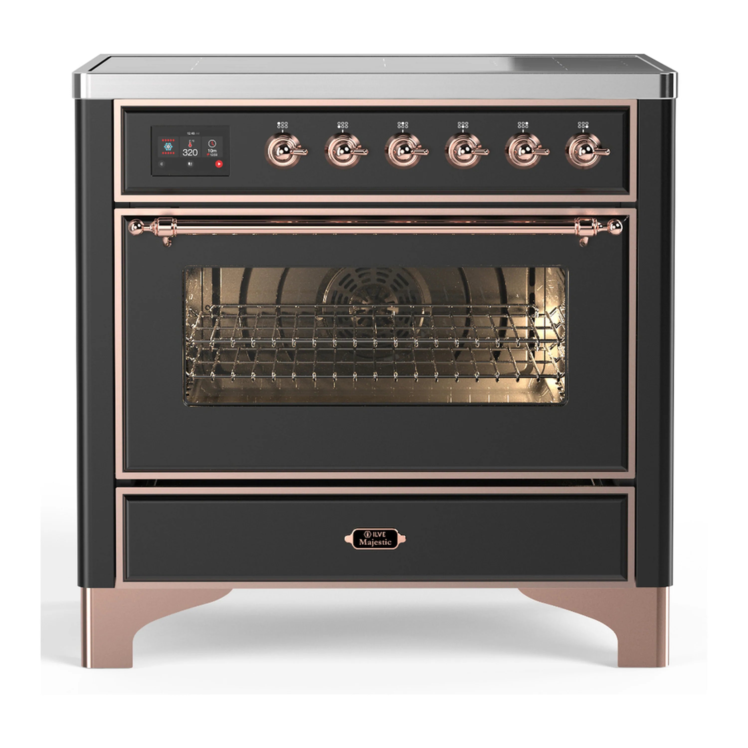 Matte graphite induction range with copper-trim control panel and open oven door