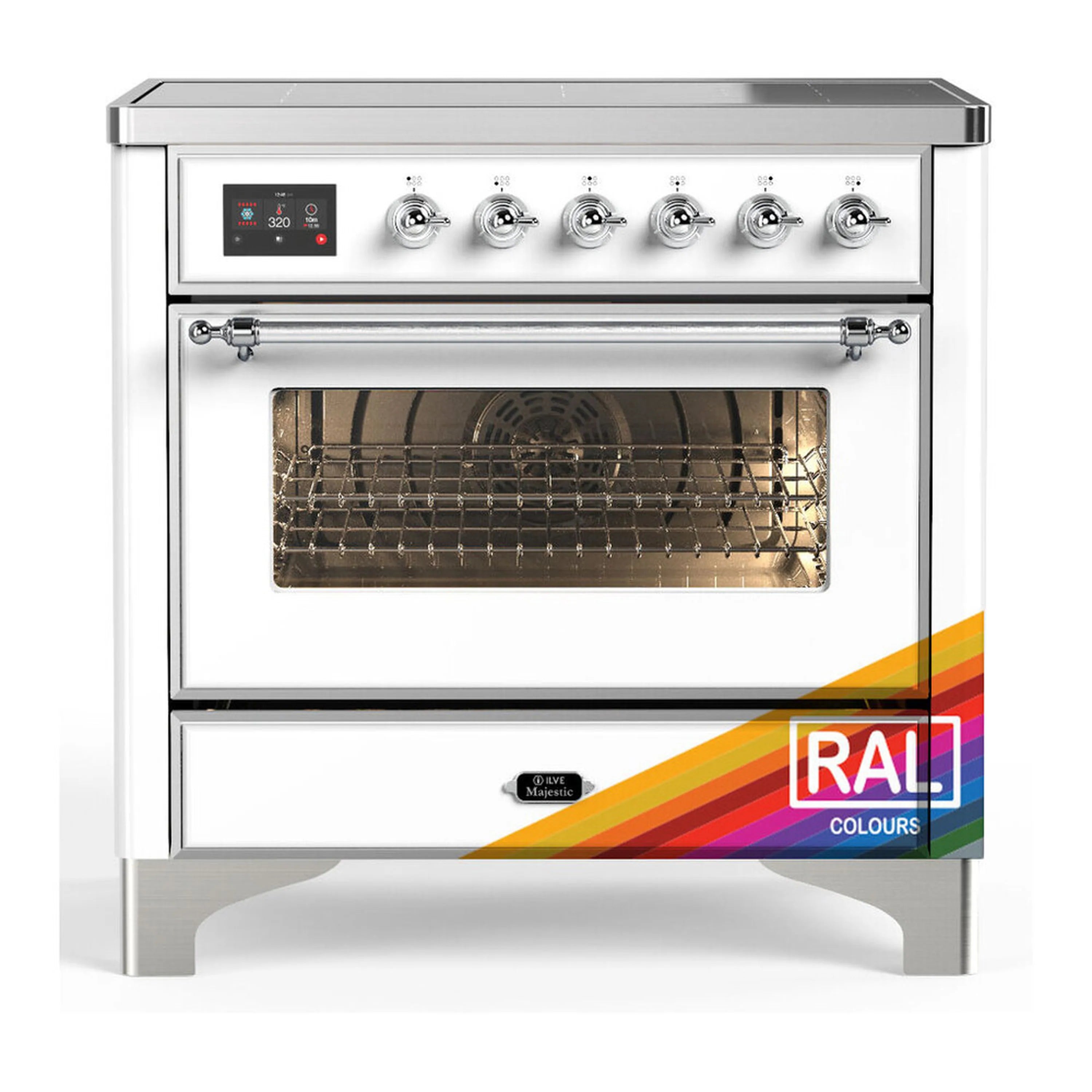 Six-burner induction range with triple-glass oven door, chrome trim, stainless finish