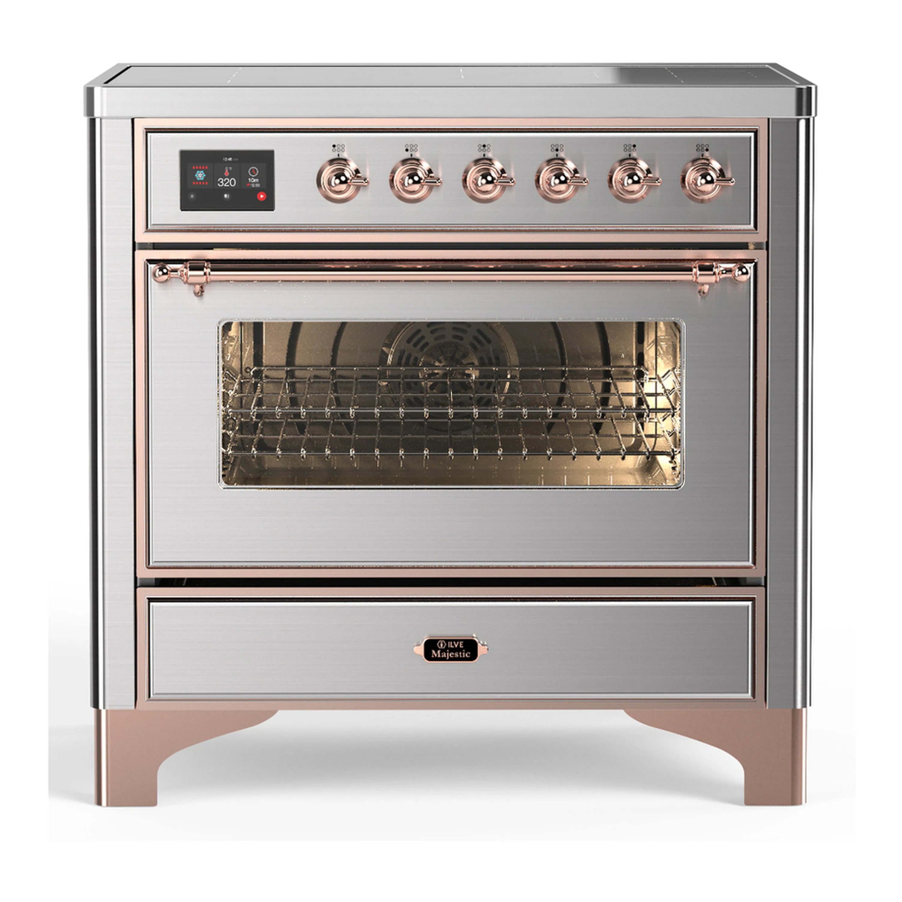 Stainless steel induction range with copper-trimmed control panel and open oven door