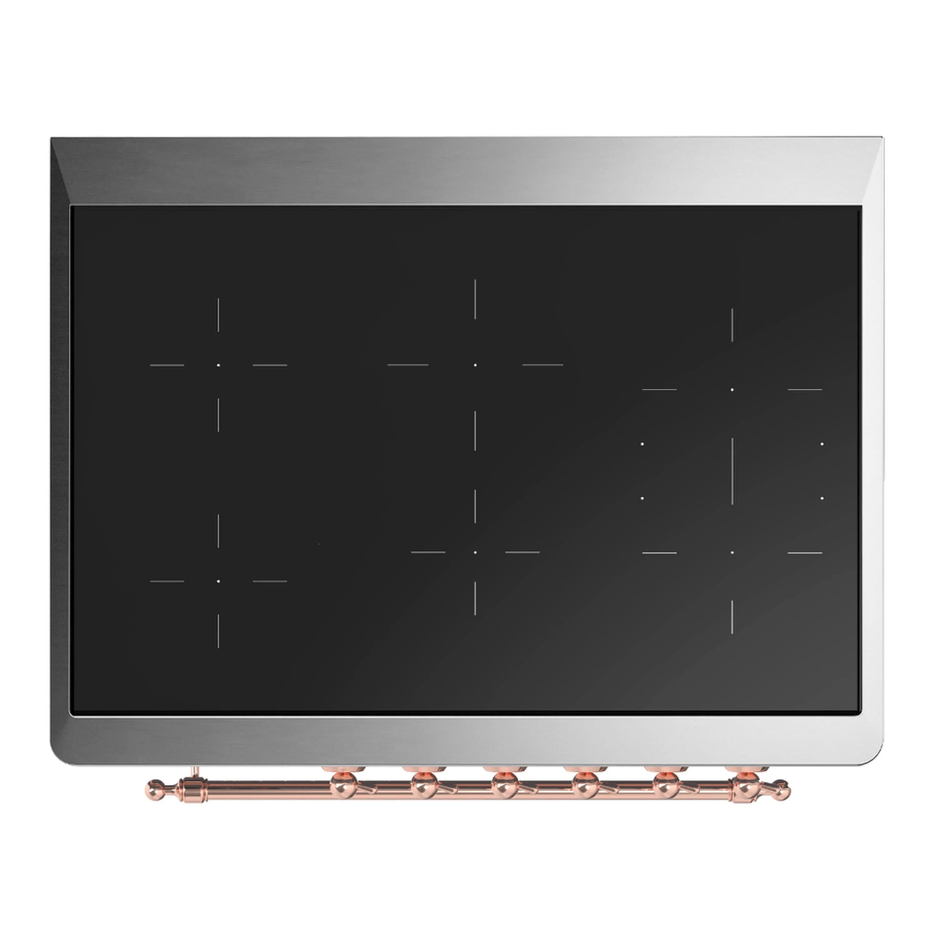 Black induction cooktop with copper control bar and small indicator dot markings