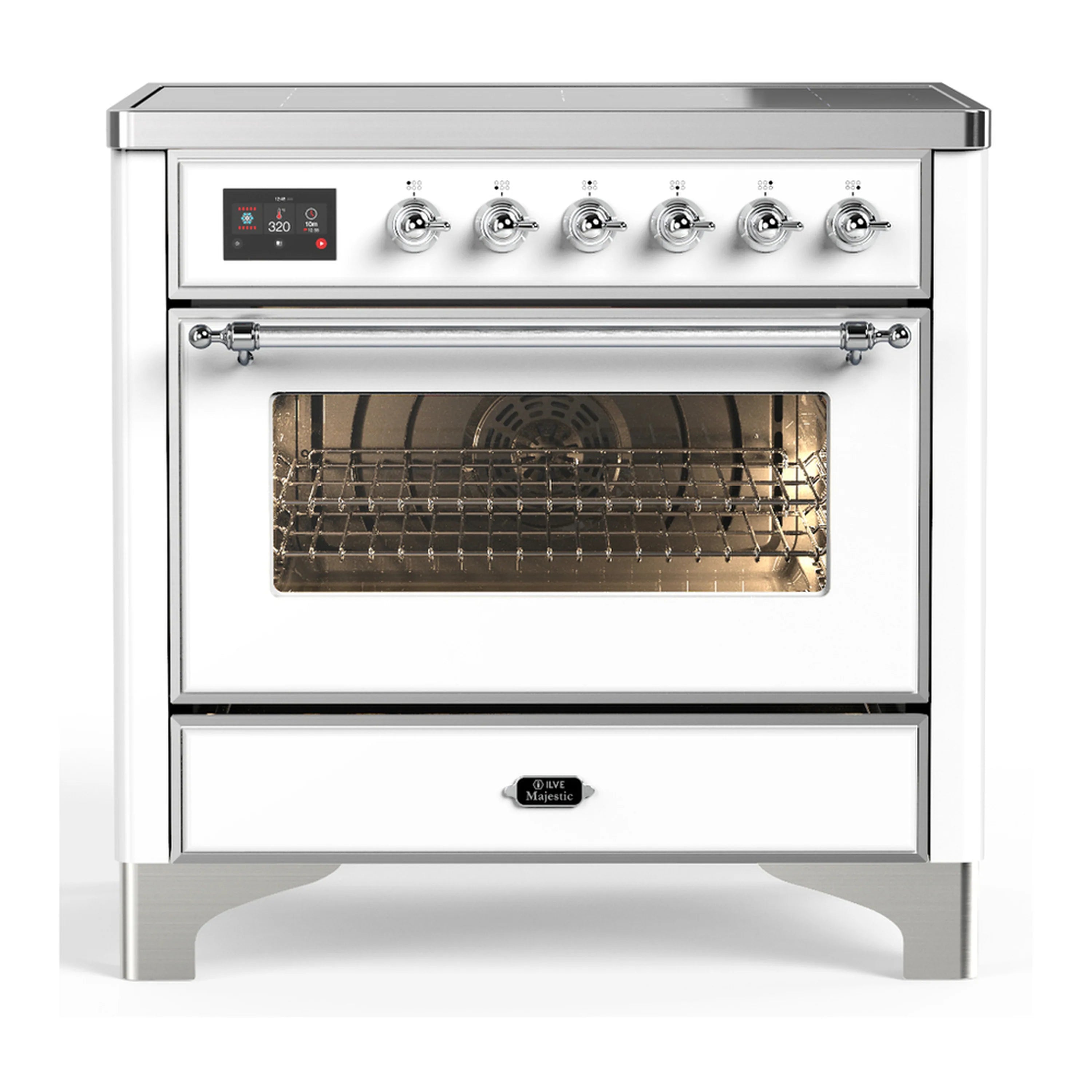 White induction range with chrome control knobs and open electric oven door