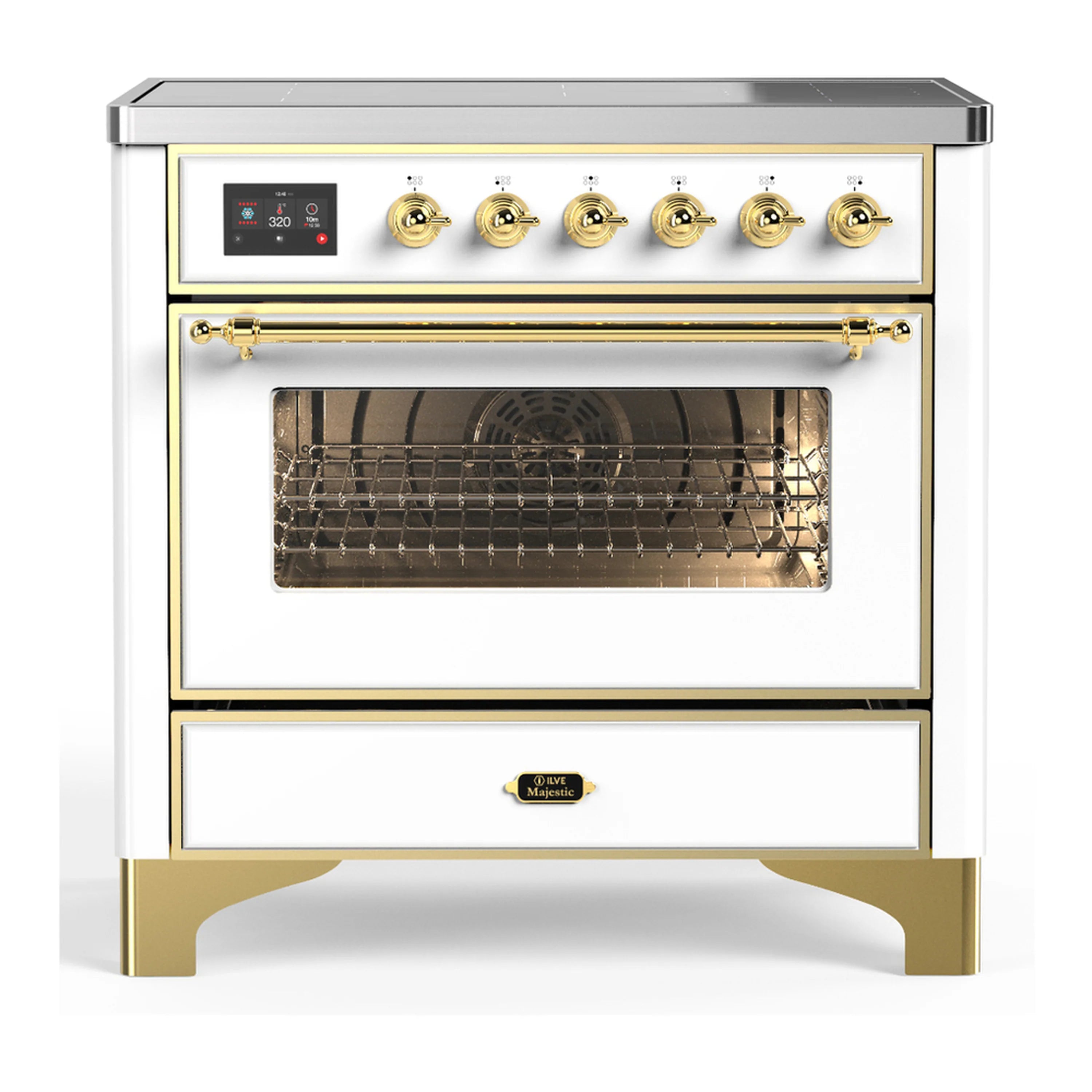 White induction range with brass-trim control panel, knobs, and oven window