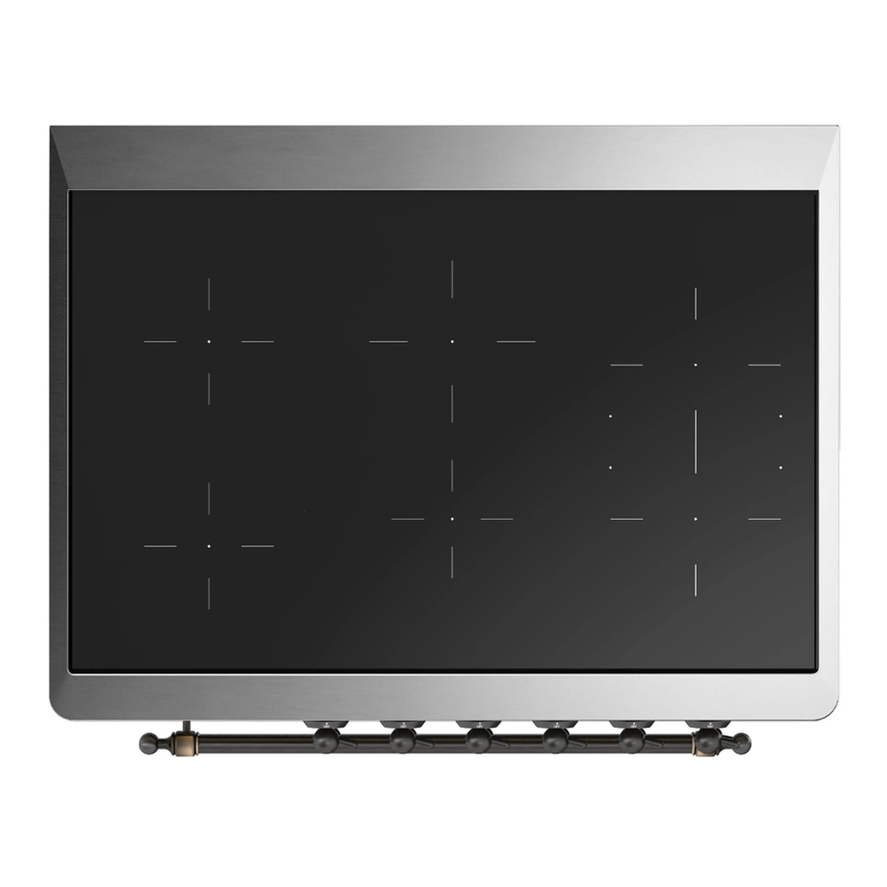 Black glass cooktop with burner markings and burnished control bar