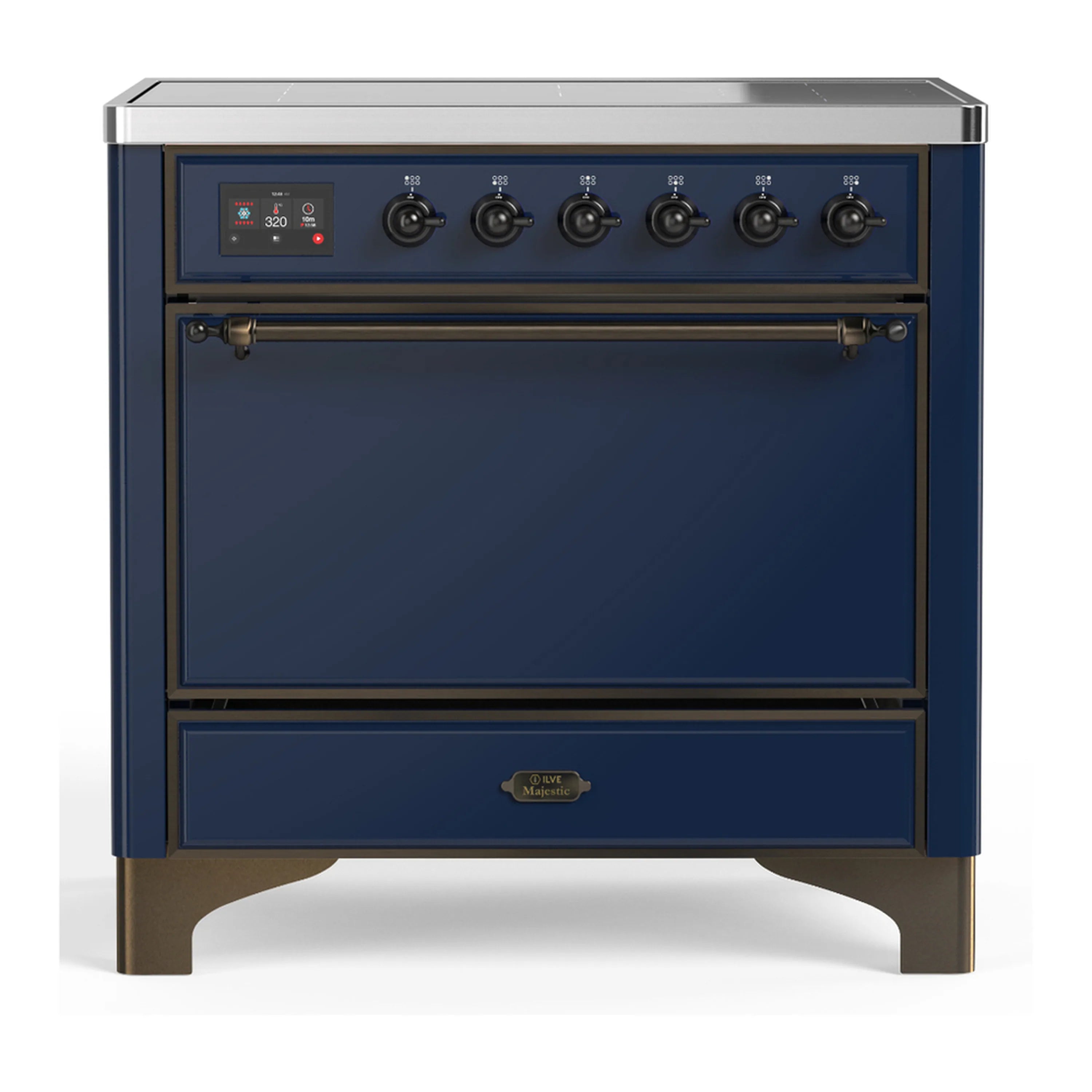 36-inch induction range with midnight blue oven doors, six knobs, and burnished trim