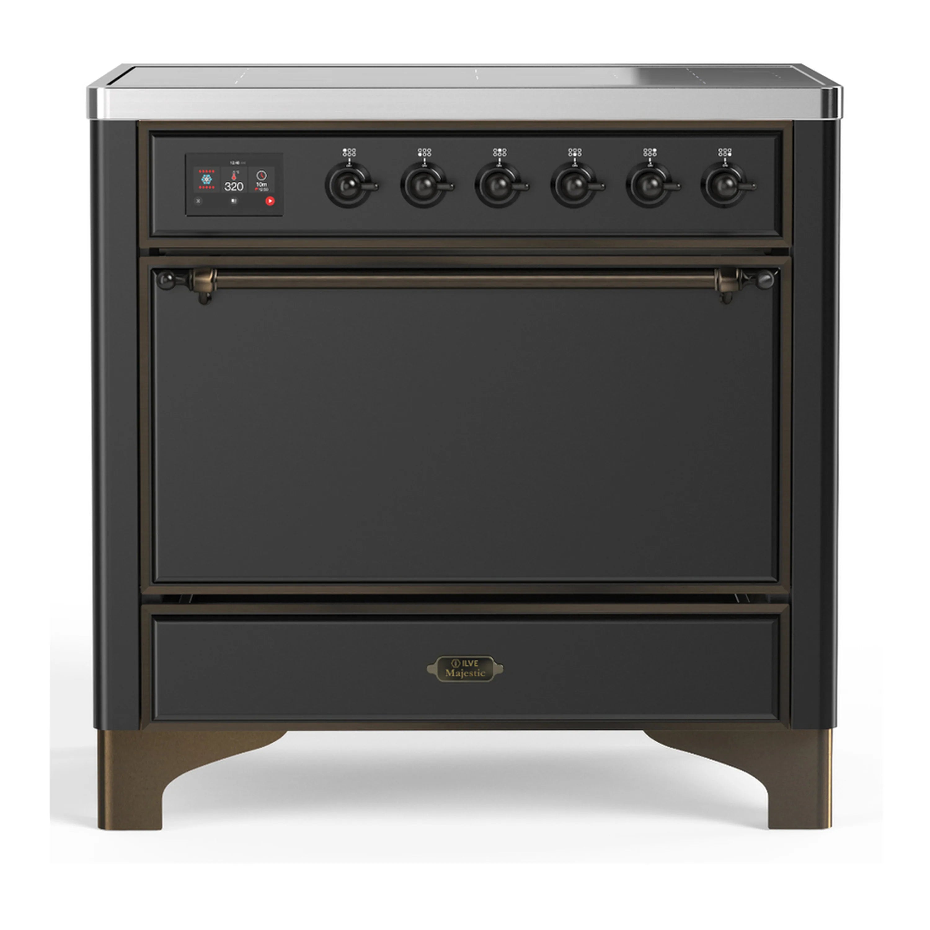 Matte graphite induction range with six induction controls and solid oven door