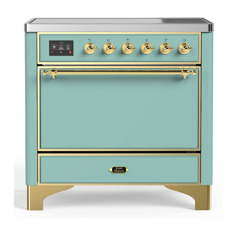 ILVE Majestic III 36-Inch Induction Range with 6 Induction Elements and Solid Door Electric Oven in Mediterranean Mint with Brass Trim (UMIB36QNR3MMG)