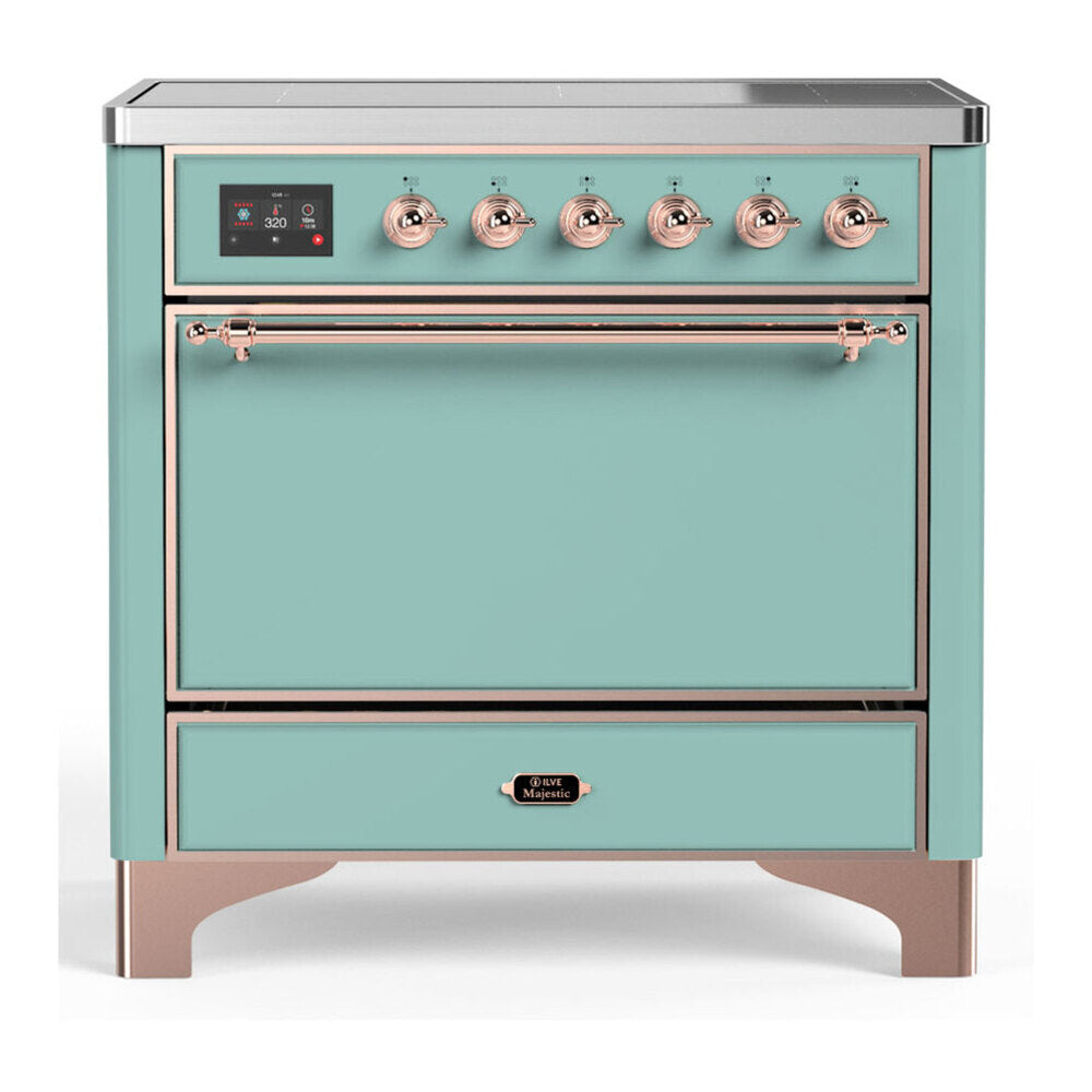 ILVE Majestic III 36-Inch Induction Range with 6 Induction Elements and Solid Door Electric Oven in Mediterranean Mint with Copper Trim (UMIB36QNR3MMP)