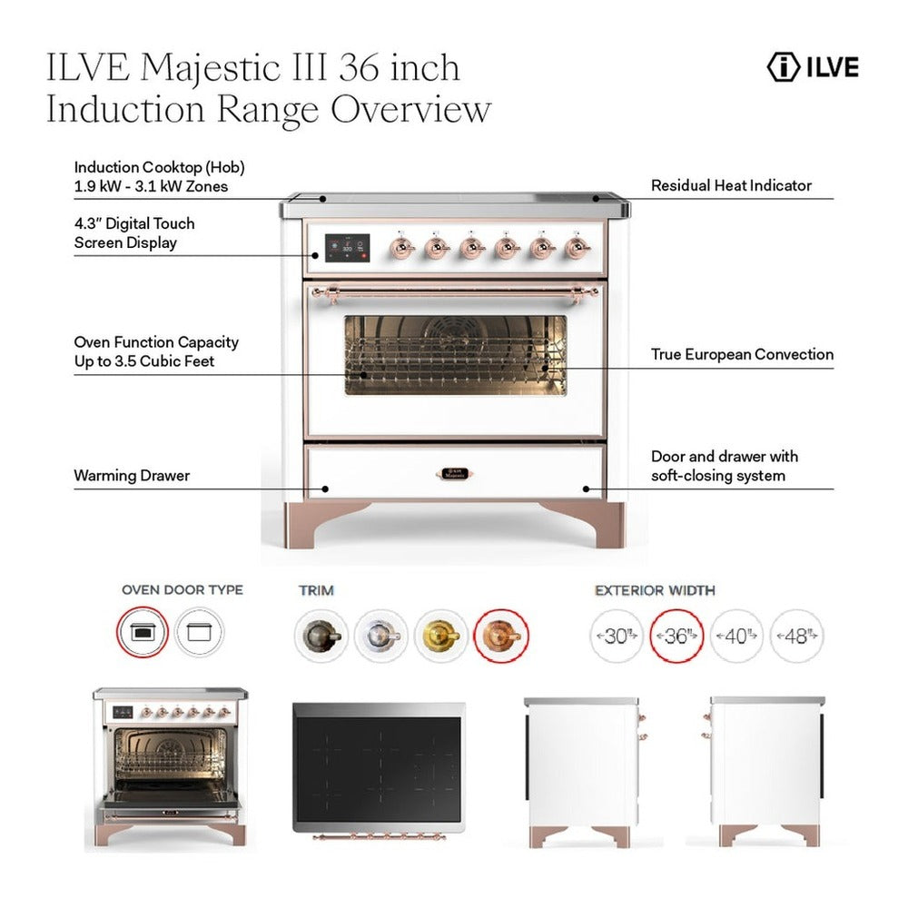 ILVE Majestic III 36-Inch Induction Range with 6 Induction Elements and Solid Door Electric Oven in Mediterranean Mint with Copper Trim (UMIB36QNR3MMP)
