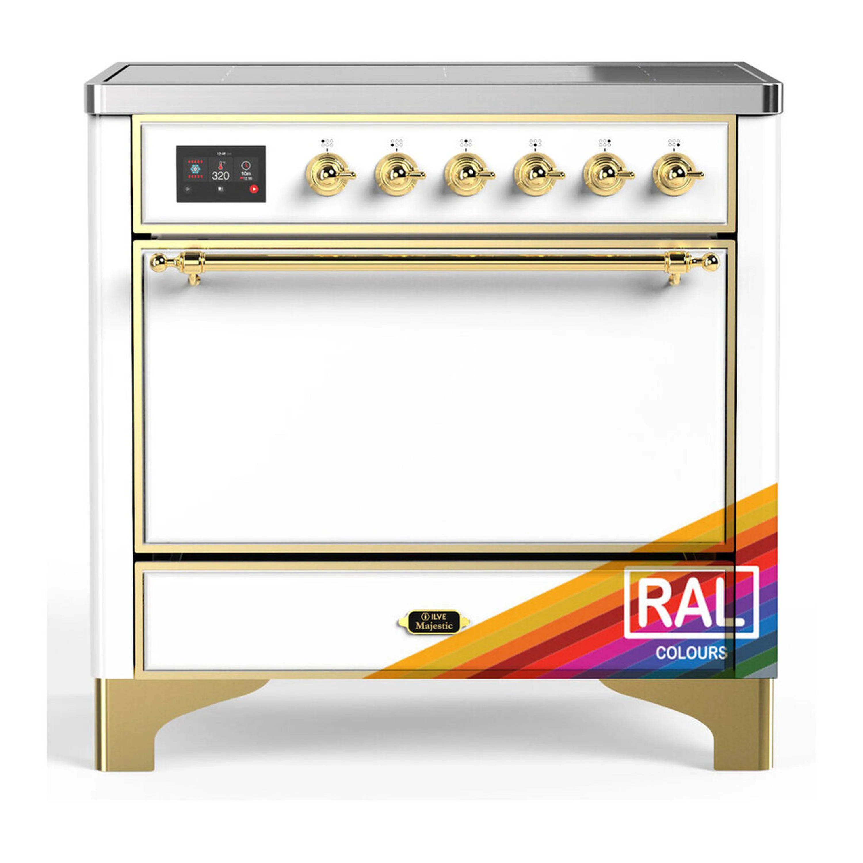 Brass-trimmed induction range with solid-door electric oven and six cooktop elements