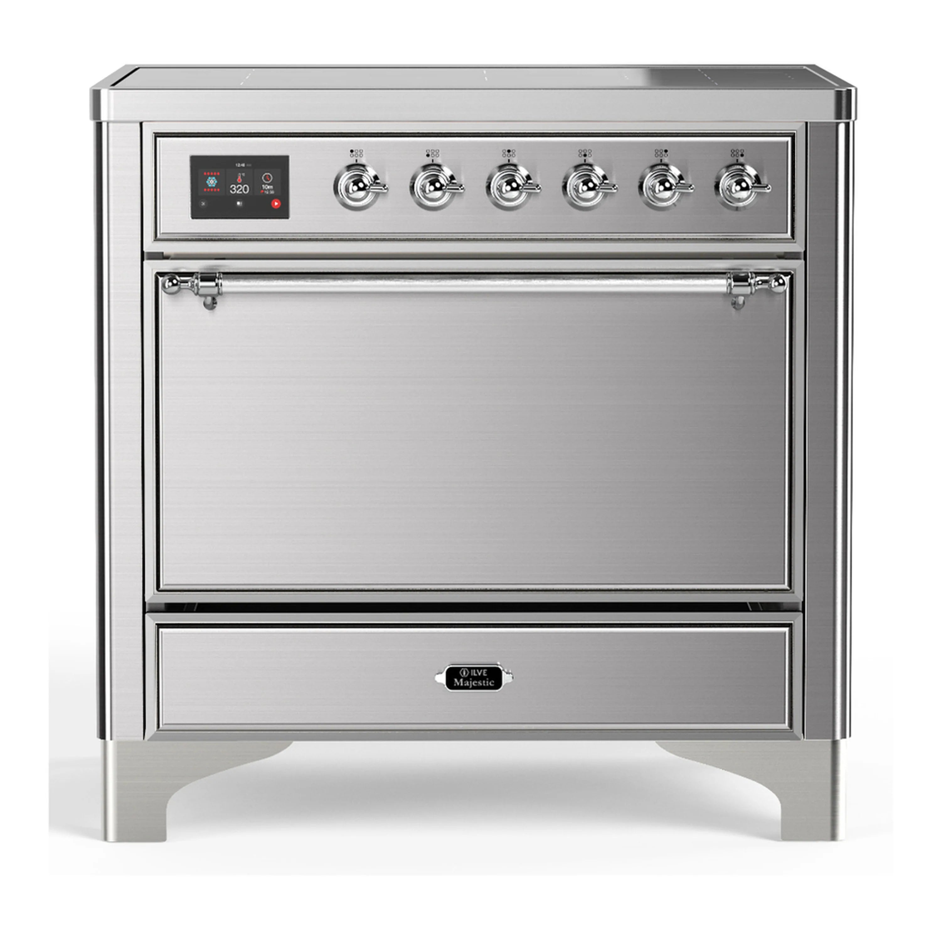 Stainless steel induction range with six cooktop elements and solid electric oven door