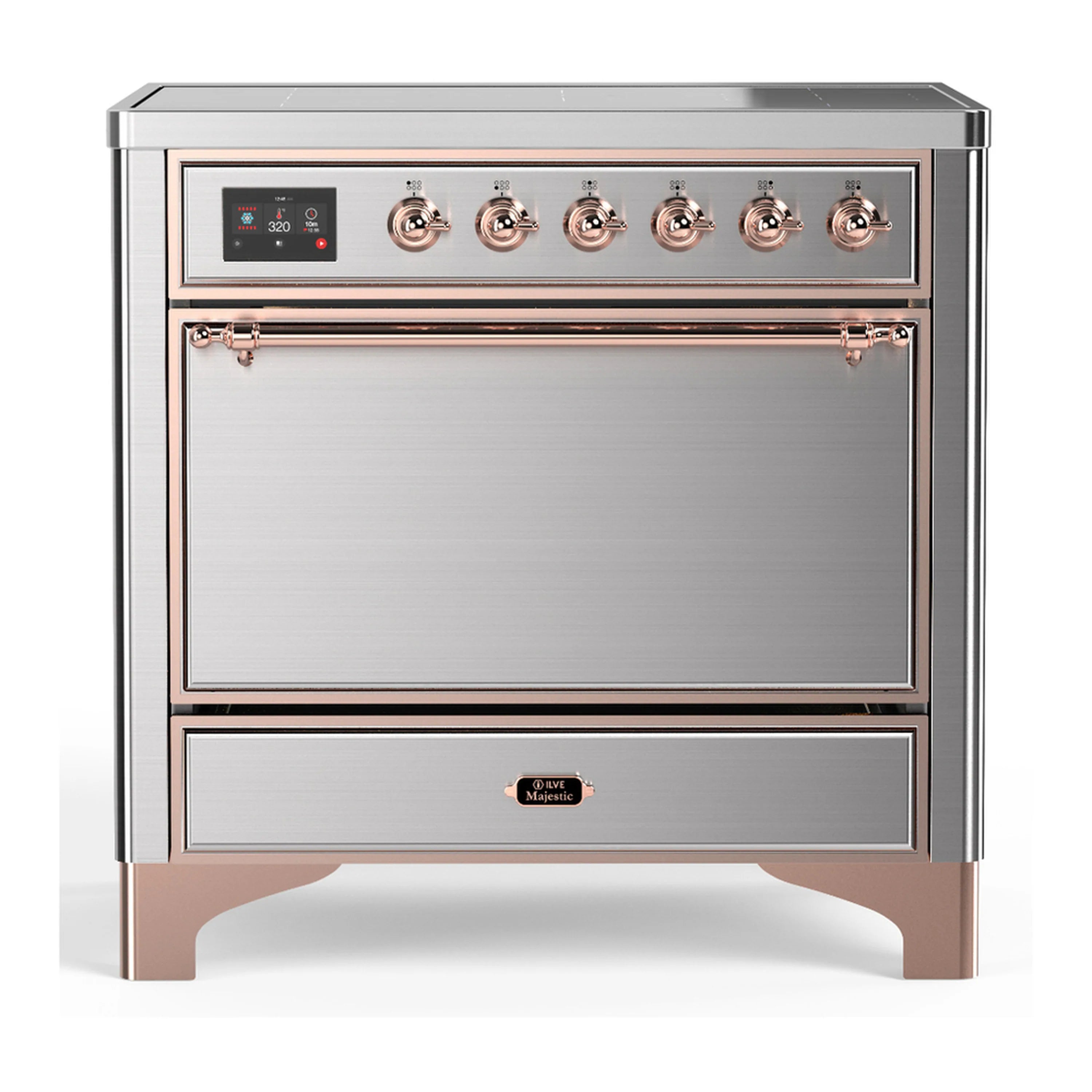Stainless steel 36-inch induction range with solid electric oven door and copper trim