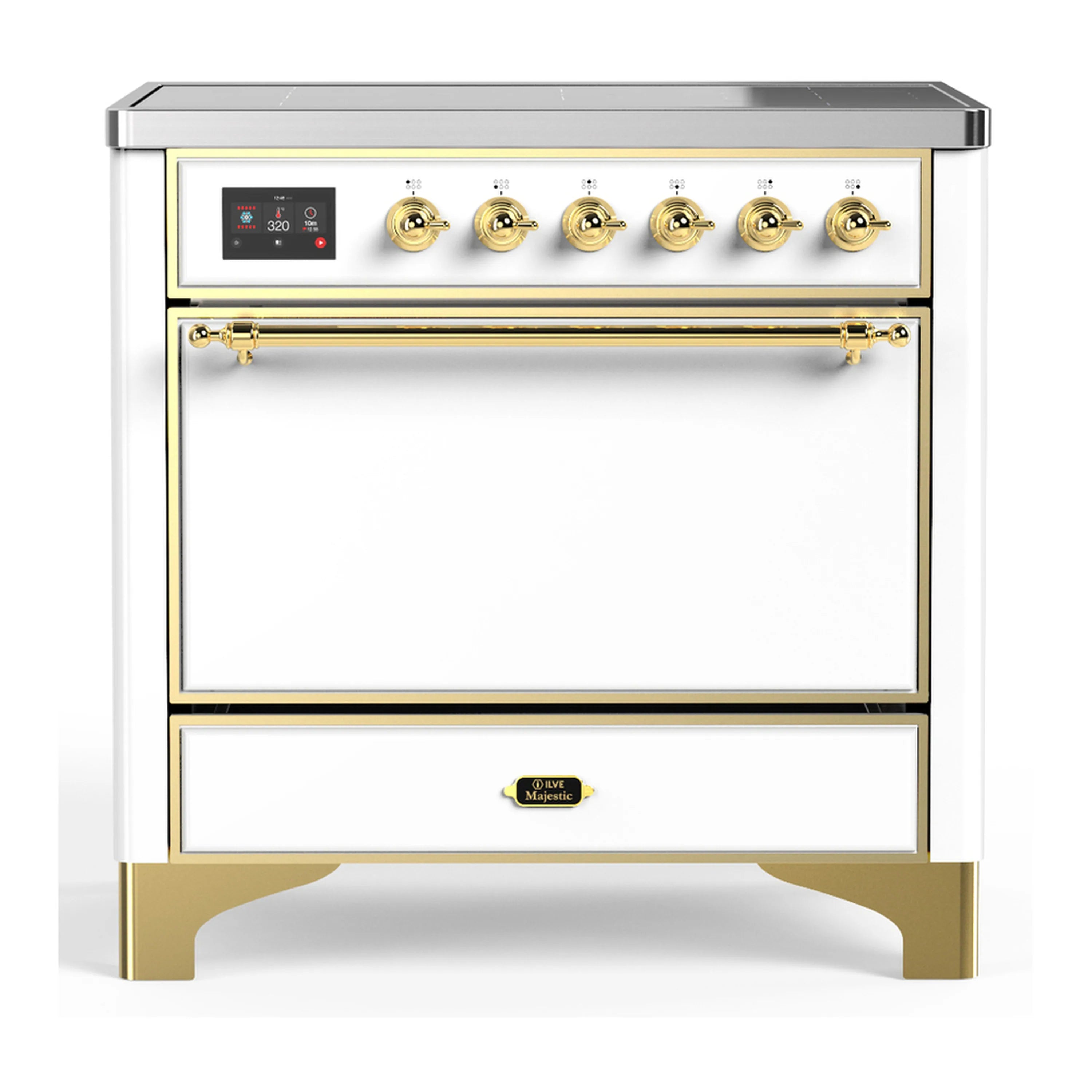 White induction range with brass trim, front control panel, and solid electric oven door