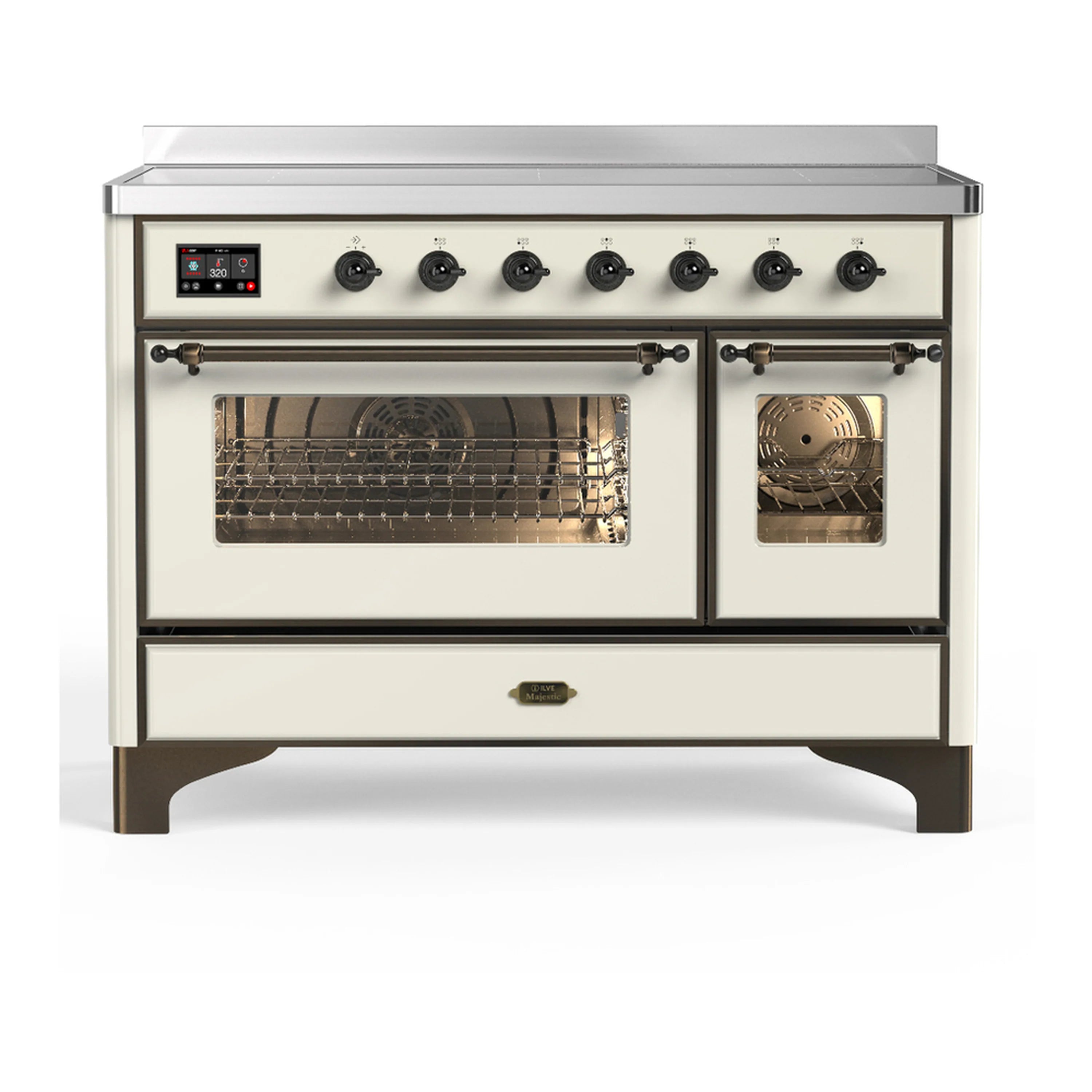 Antique white induction range with six black knobs, control panel, and two glass oven doors