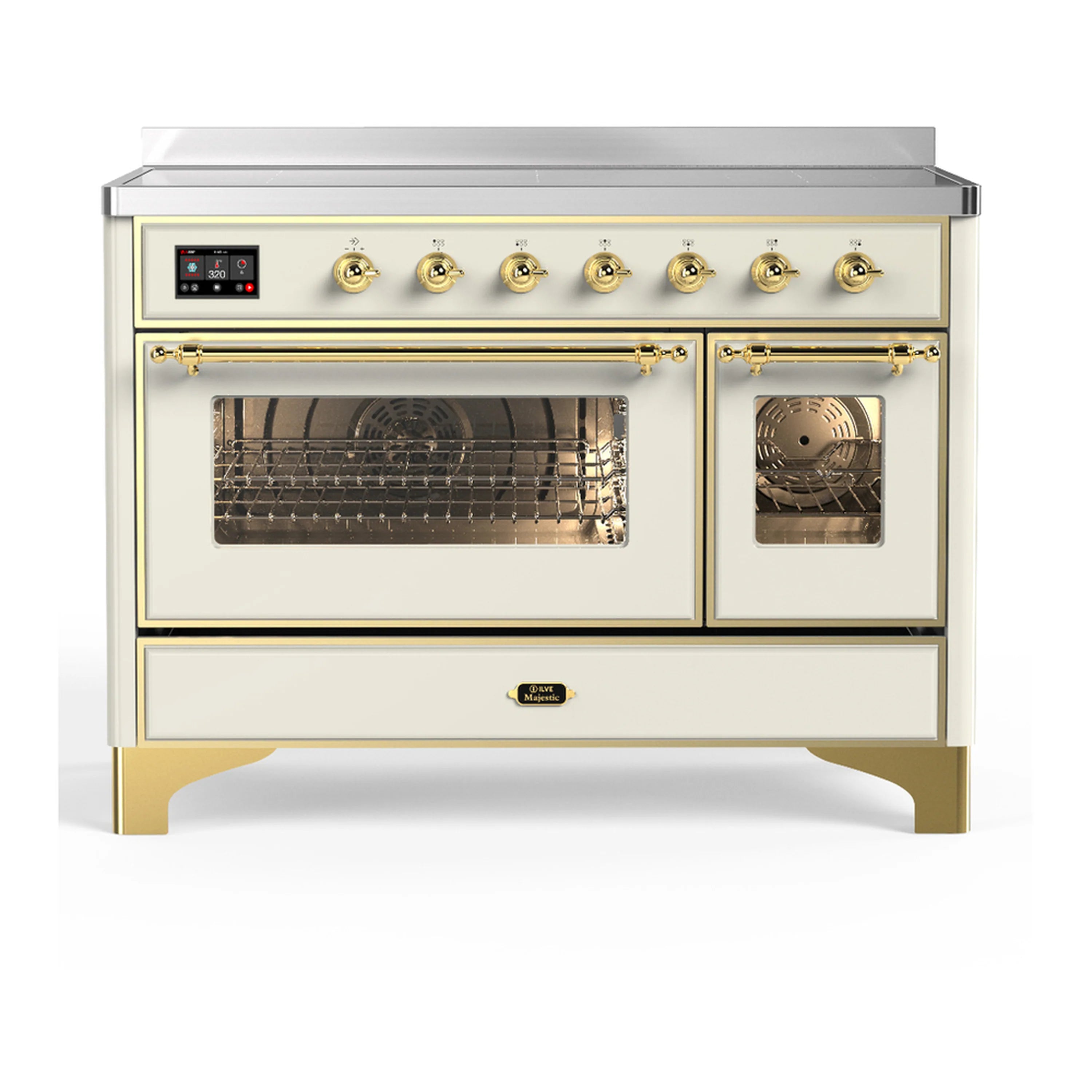 Antique white induction range with brass trim, two ovens, and triple glass door