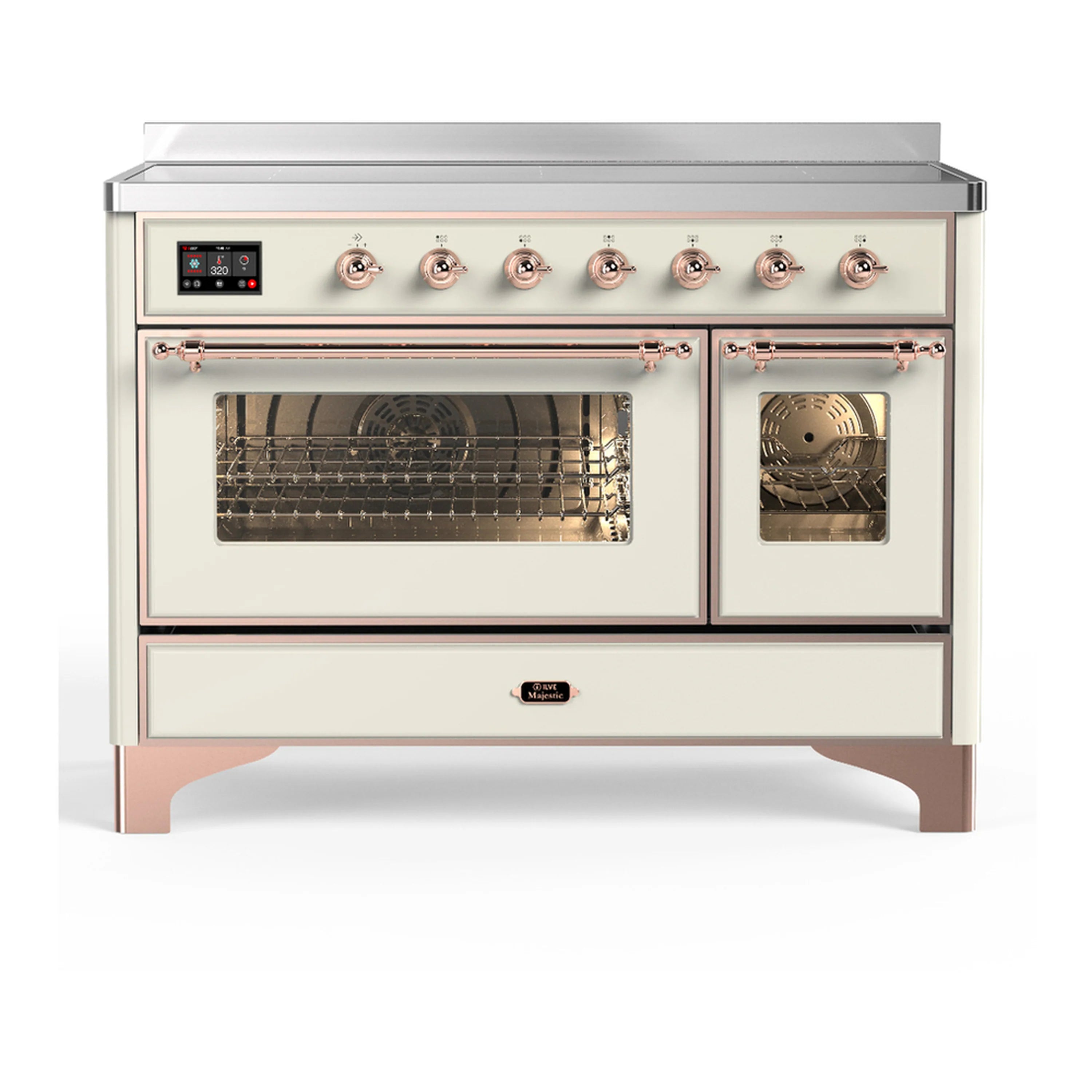 Antique white induction range with copper trim, double oven doors, and control panel