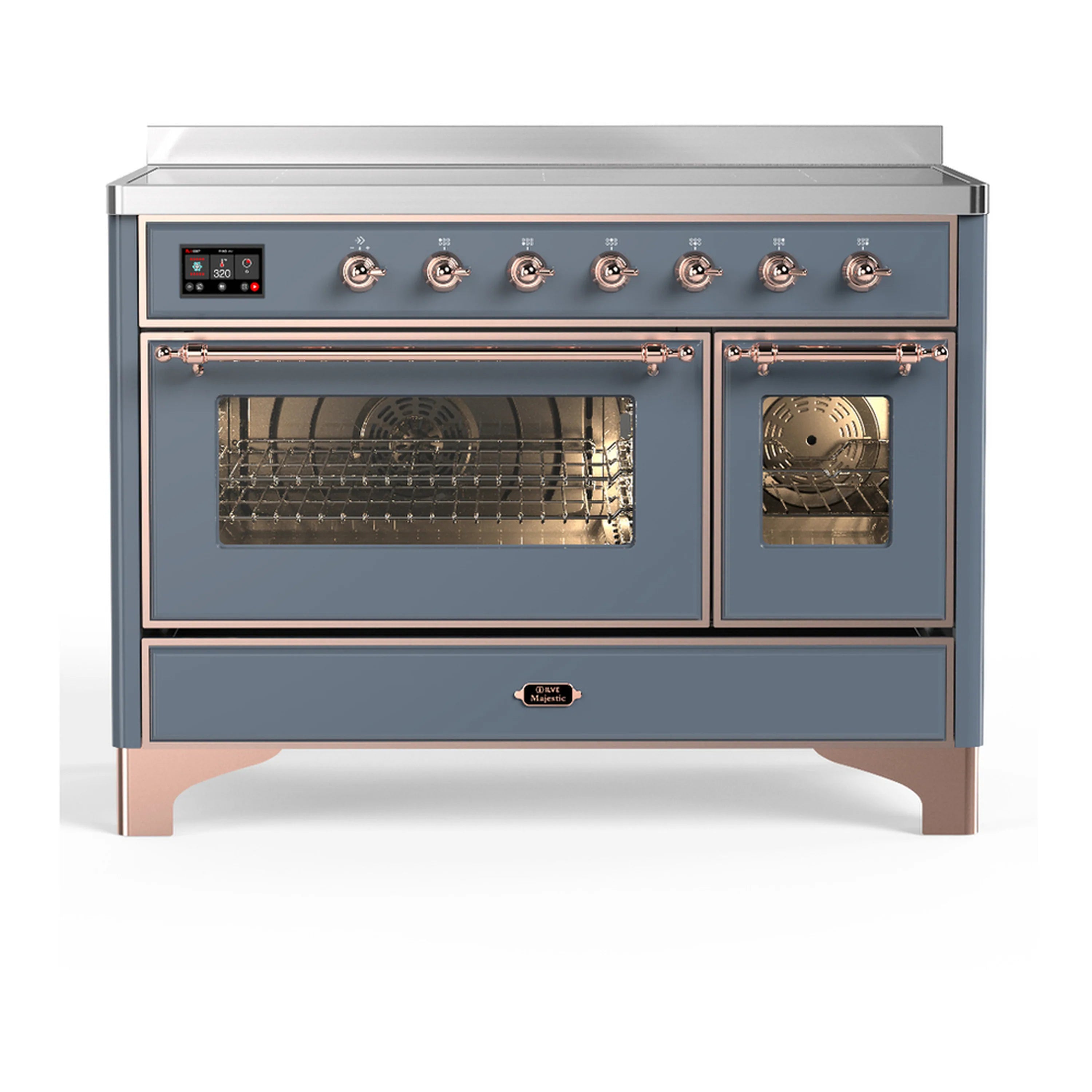 Blue-grey induction range with copper trim, control knobs, and two open oven doors