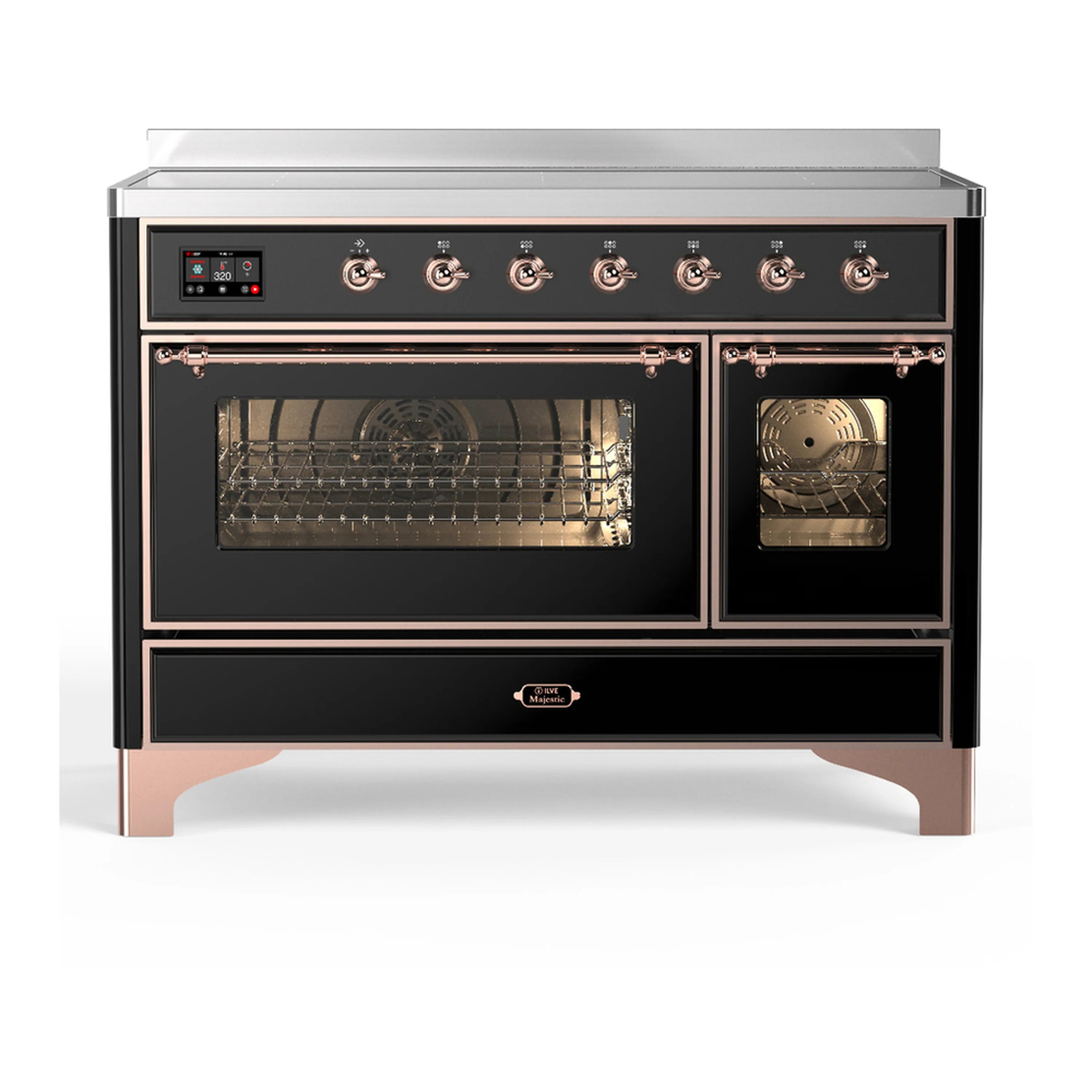 Induction range with double oven doors in glossy black, copper trim and control panel