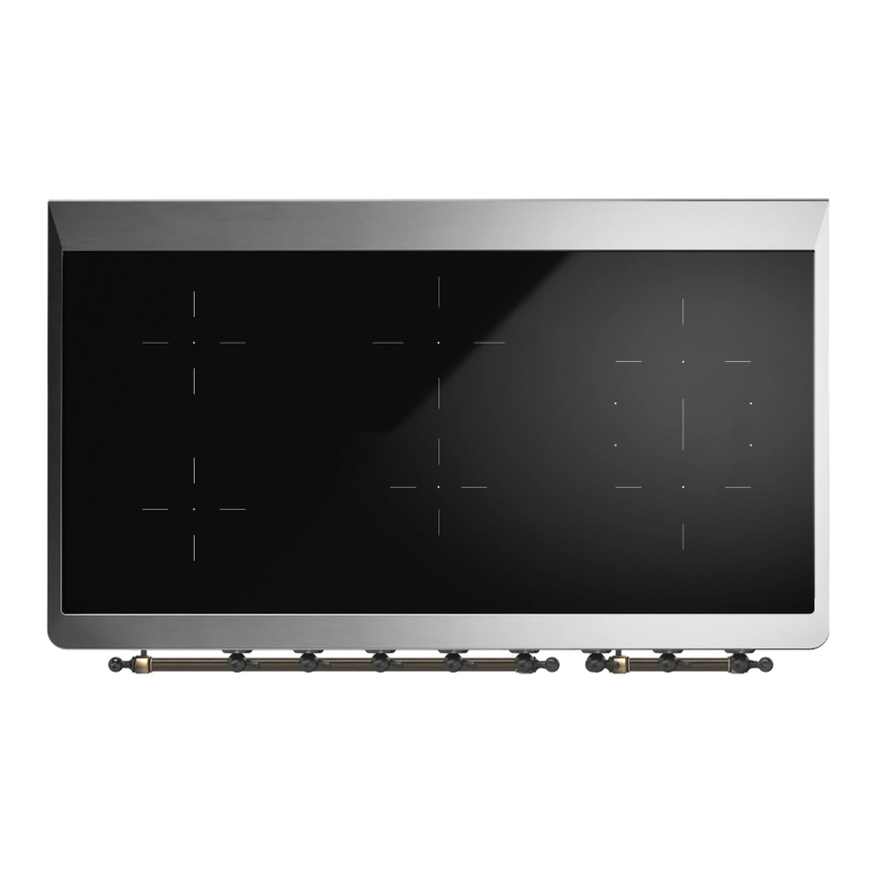 Black induction cooktop glass with burner outlines on a stainless frame