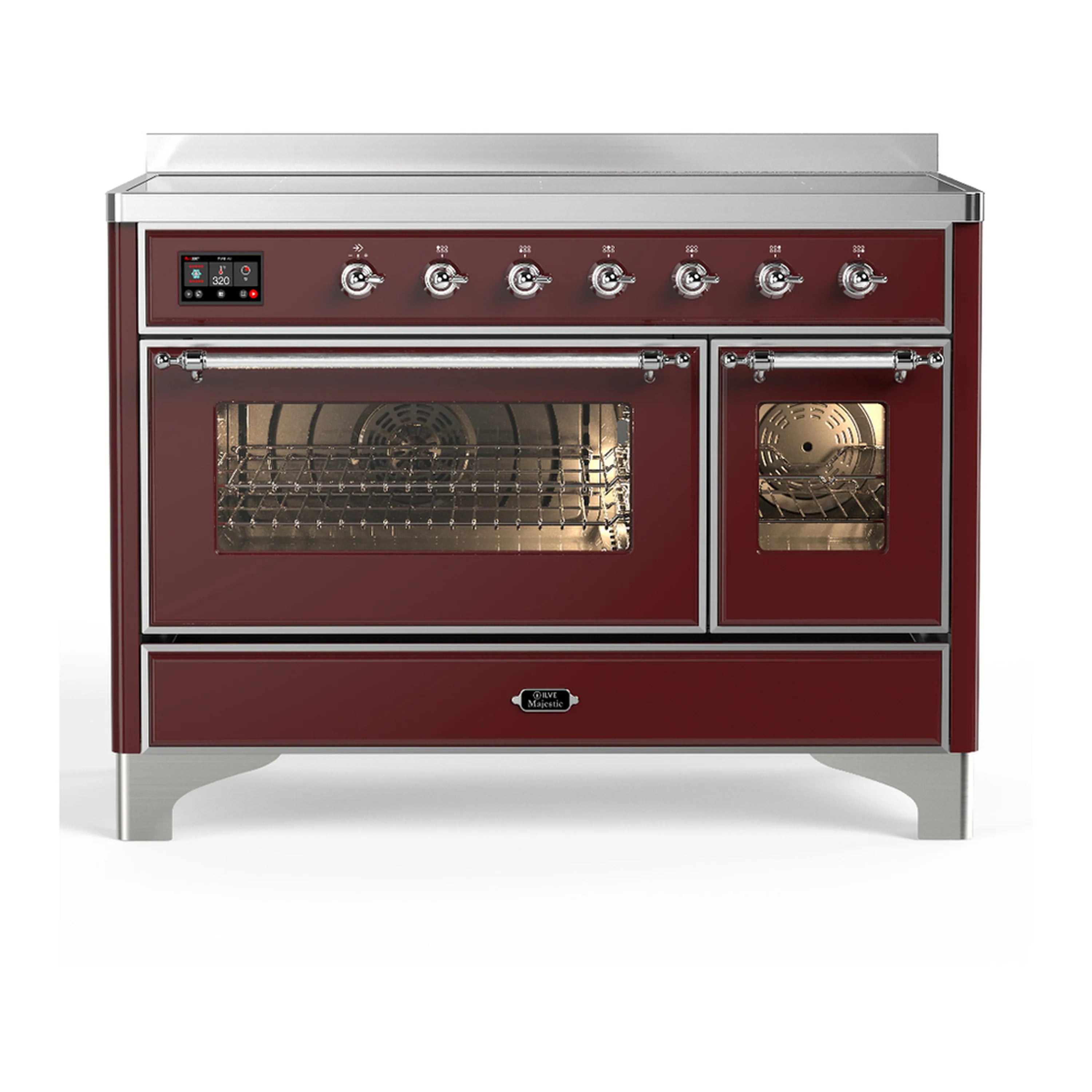 Burgundy induction range with triple glass doors and chrome trim, front view.