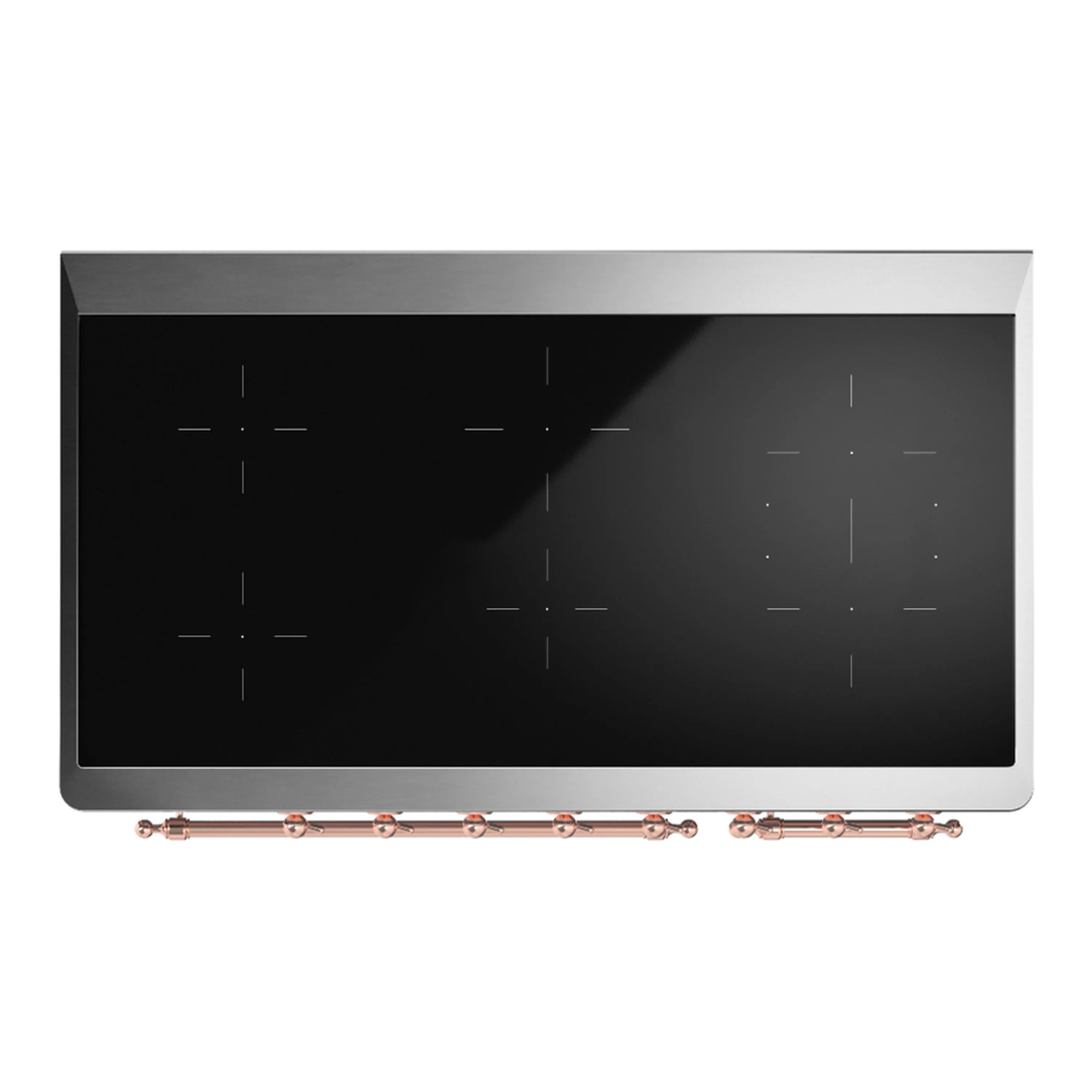 Induction cooktop with dark glass surface and copper-trim control area