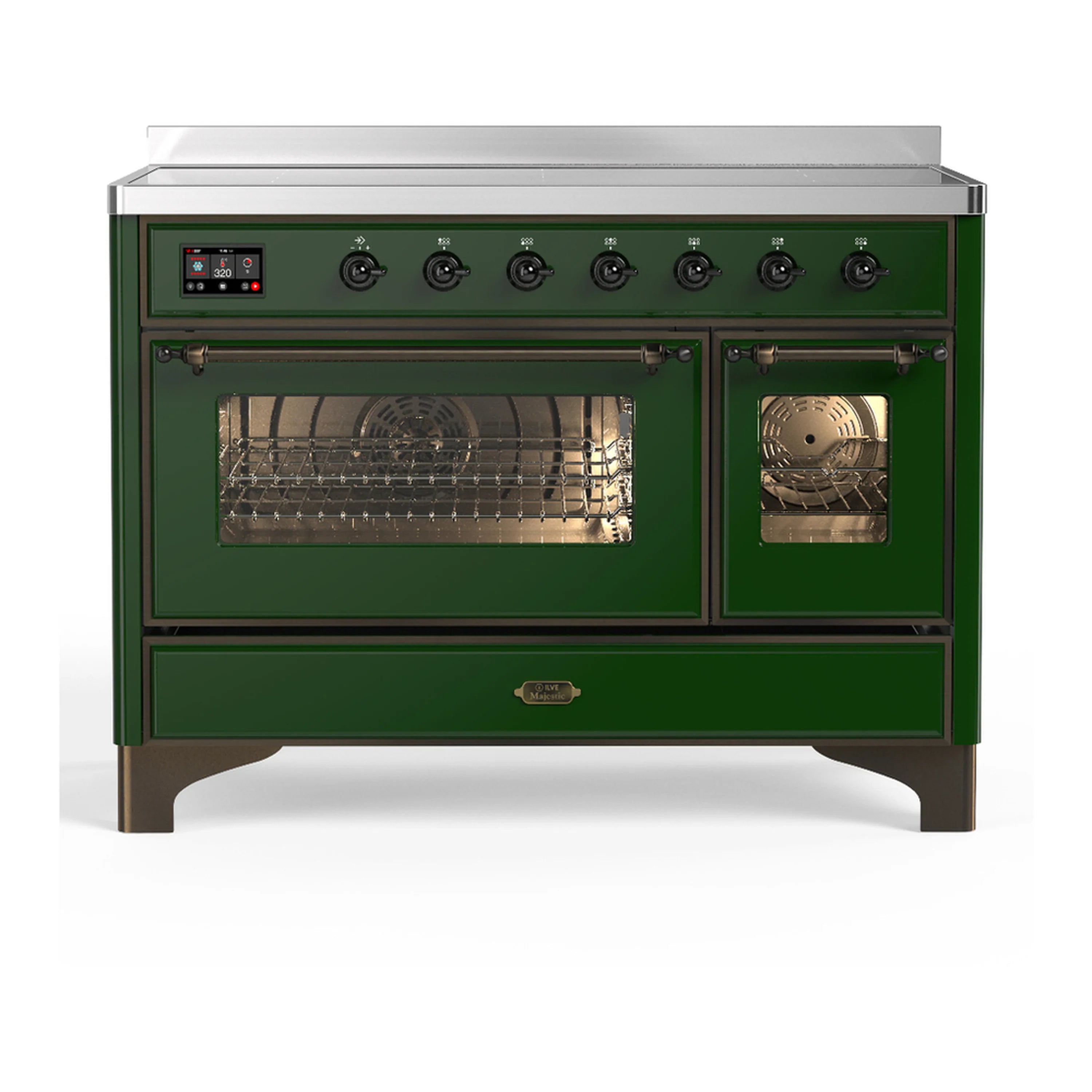Emerald green induction range with two oven door windows and control panel, burnished trim