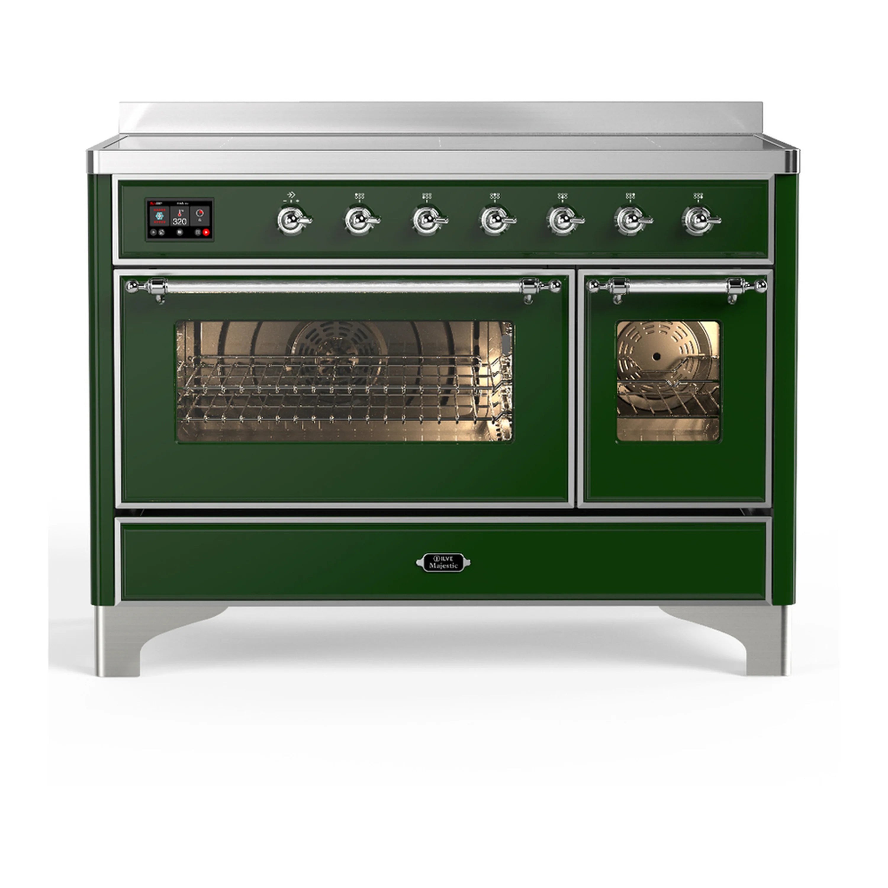 Emerald green induction range with chrome trim, cooktop controls, and both oven doors open