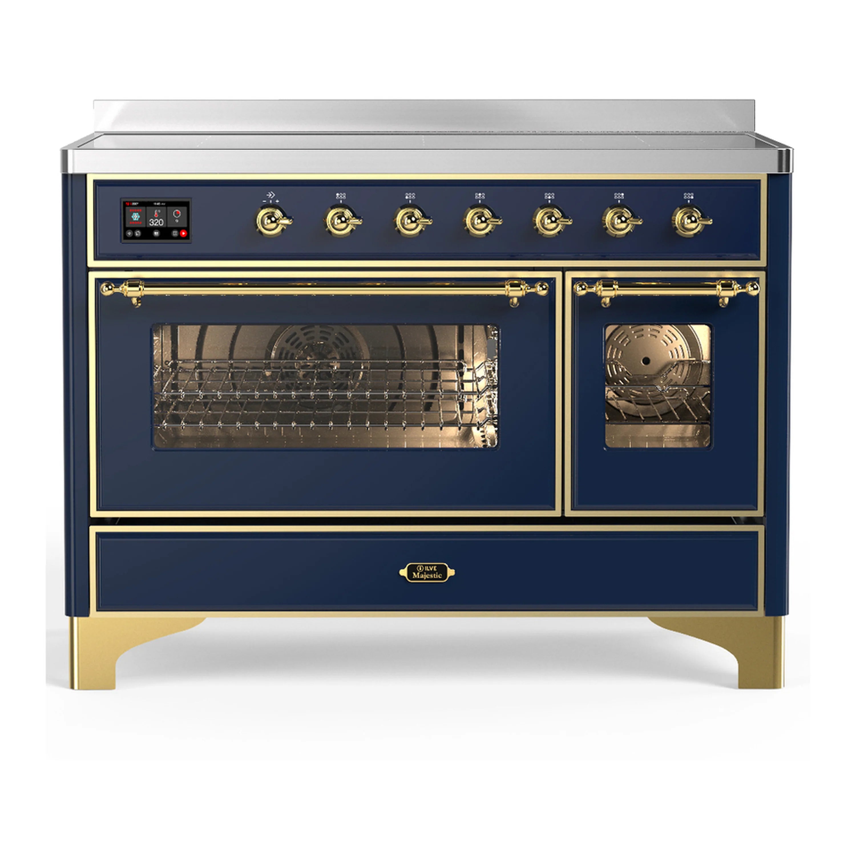 Induction range with navy blue front, brass trim, two oven doors, and control knobs