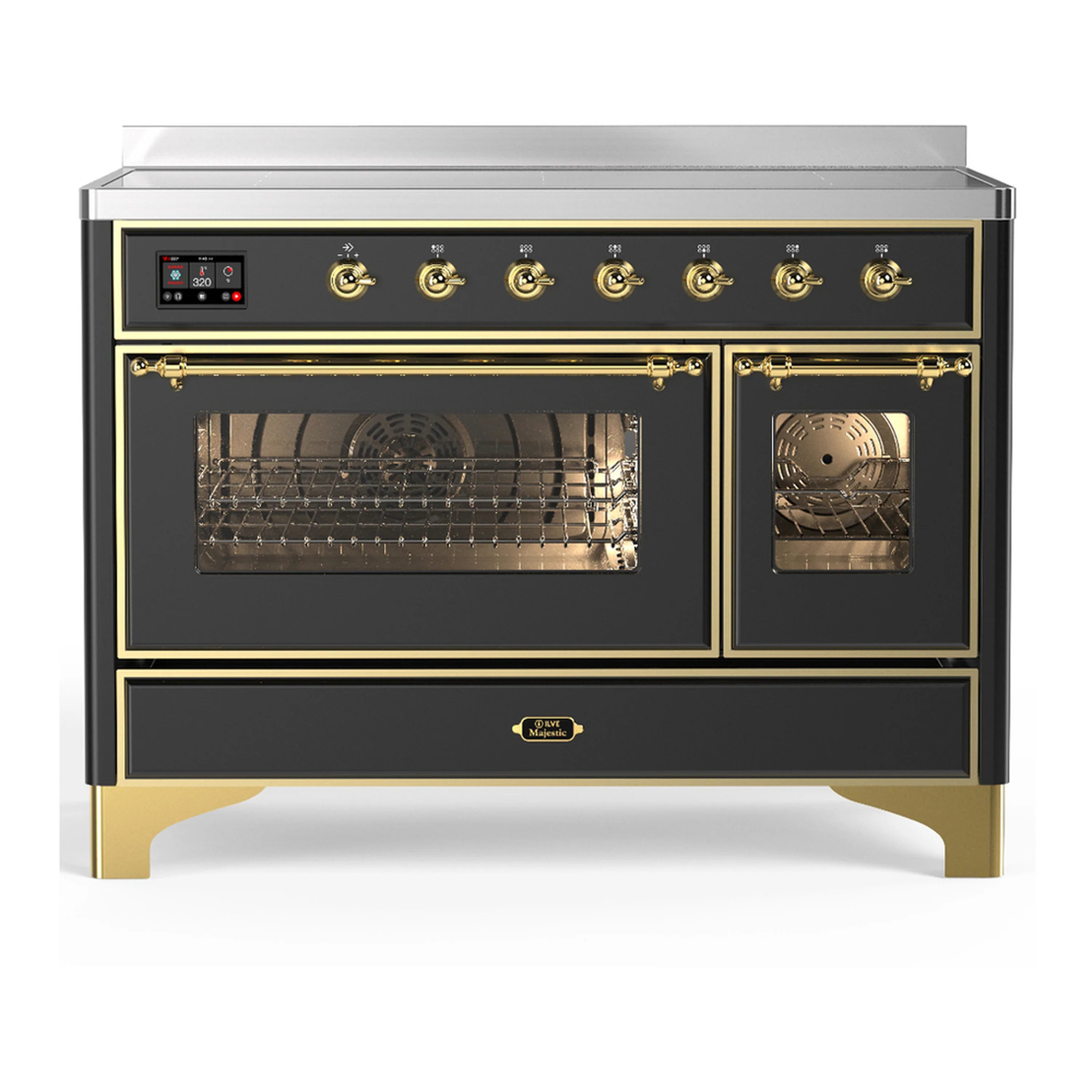 Matte graphite induction range with brass trim, brass knob controls, and glass oven doors