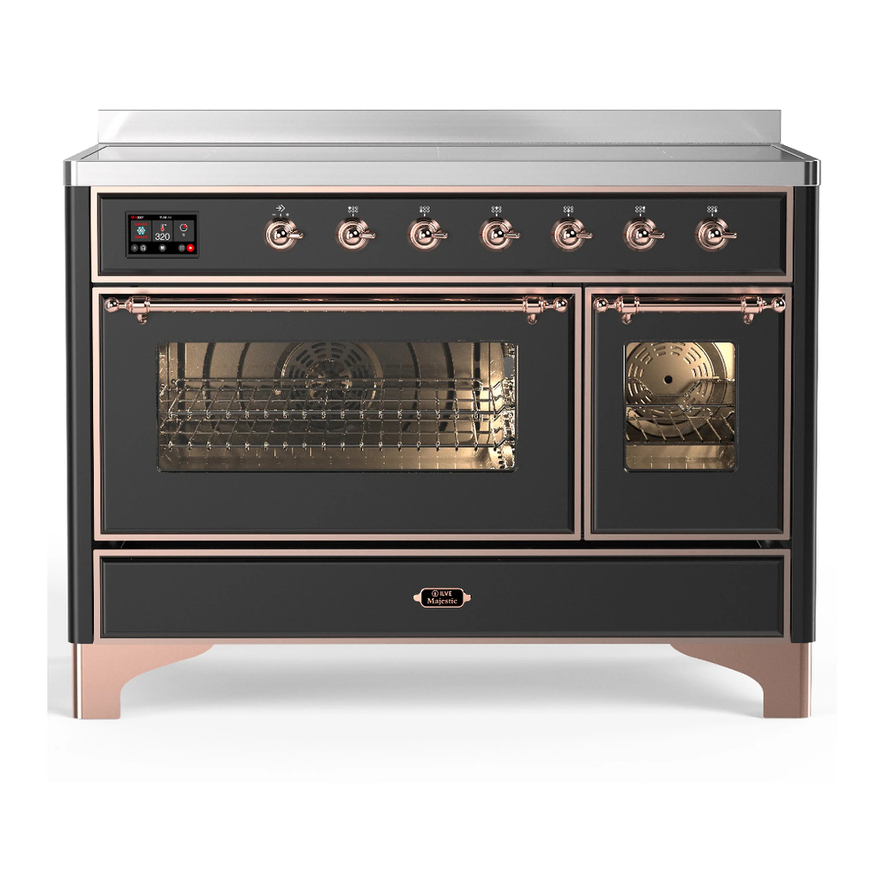 Matte graphite induction range with copper trim, oven doors open showing interior lighting and racks