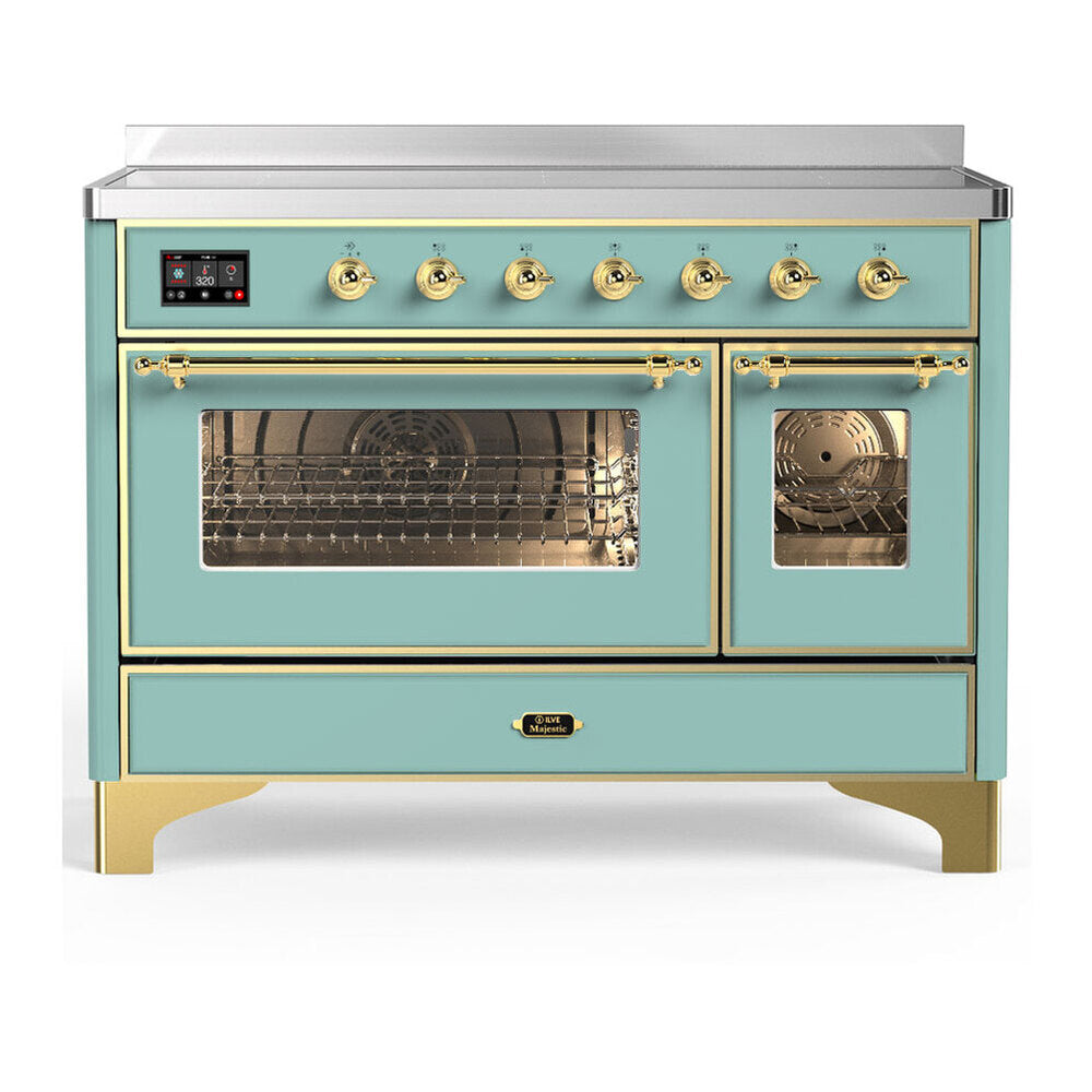 ILVE Majestic III 48-Inch Induction Range with 6 Induction Elements and Triple Glass Door Electric Oven in Mediterranean Mint with Brass Trim (UMIB48NR3MMG)