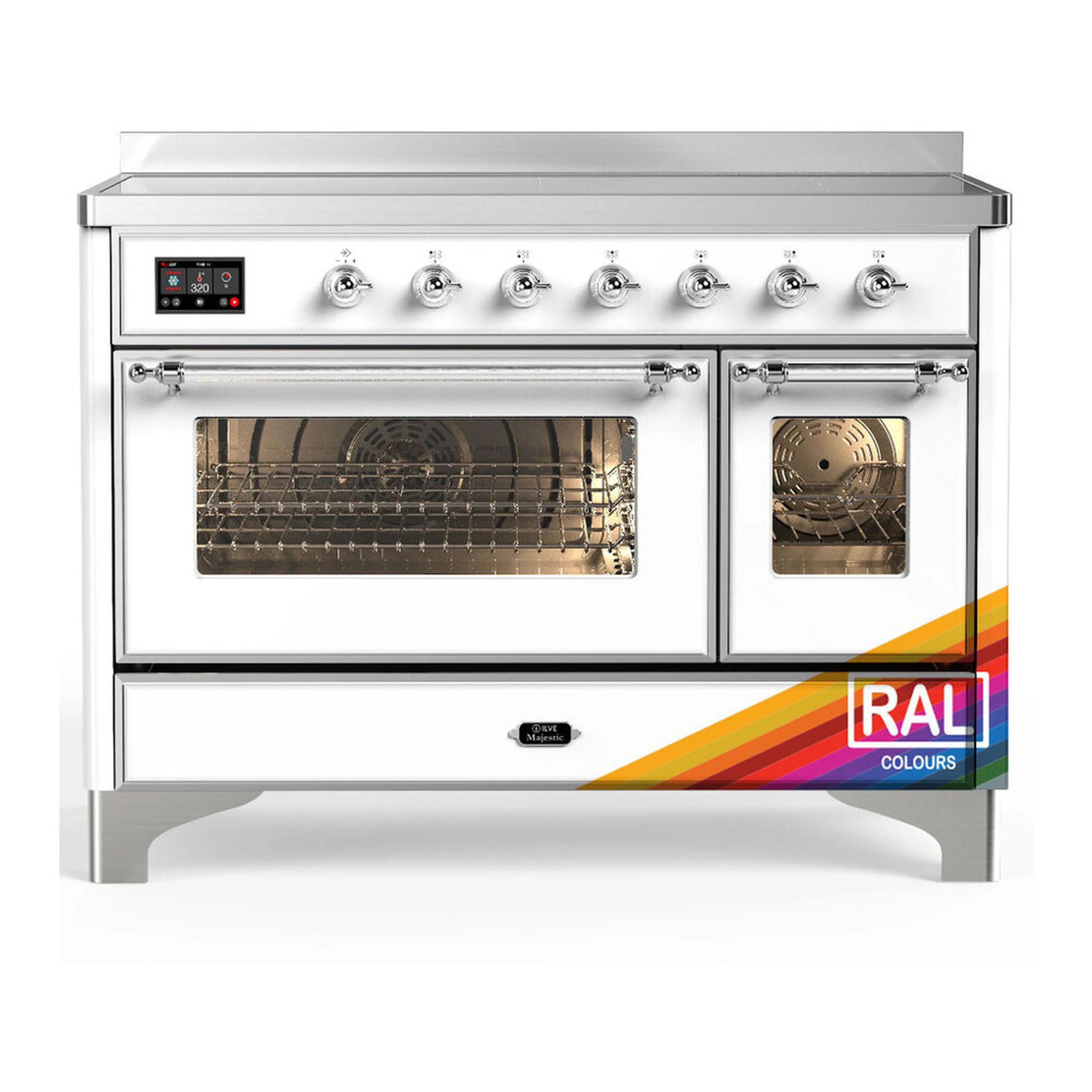 Induction range with white body, chrome trim, dual glass oven doors, and control panel