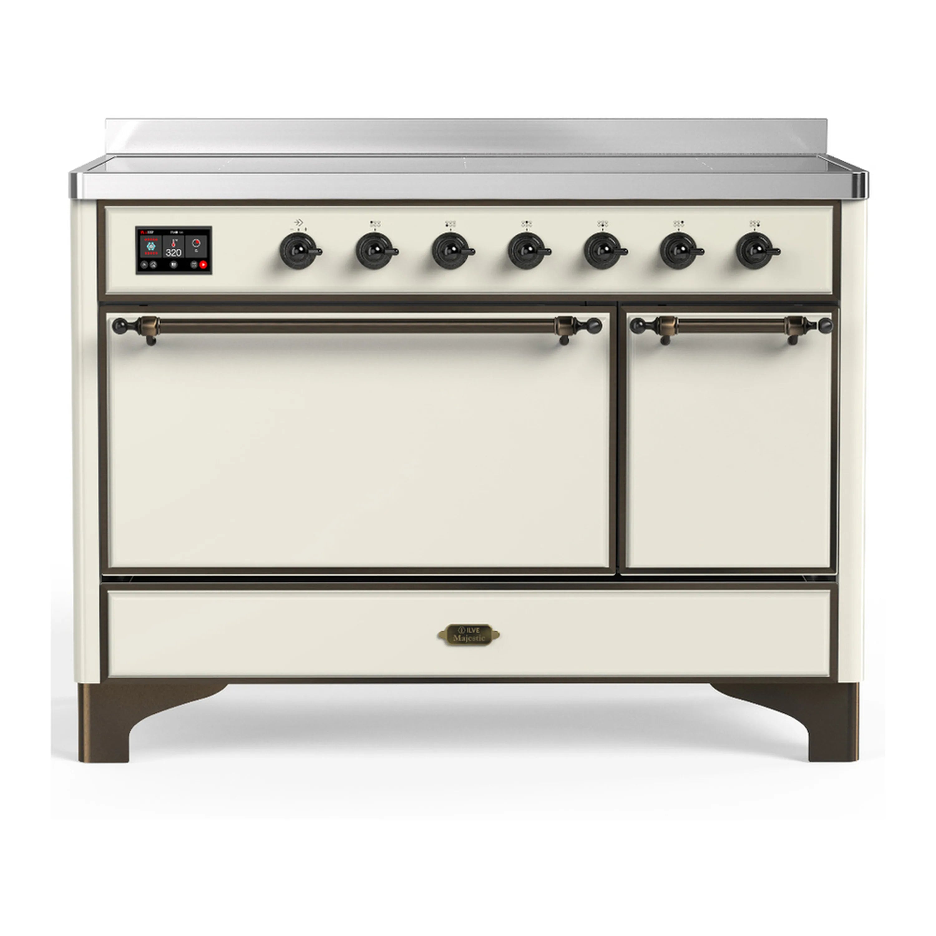 Induction range with antique white front doors and black knob control panel