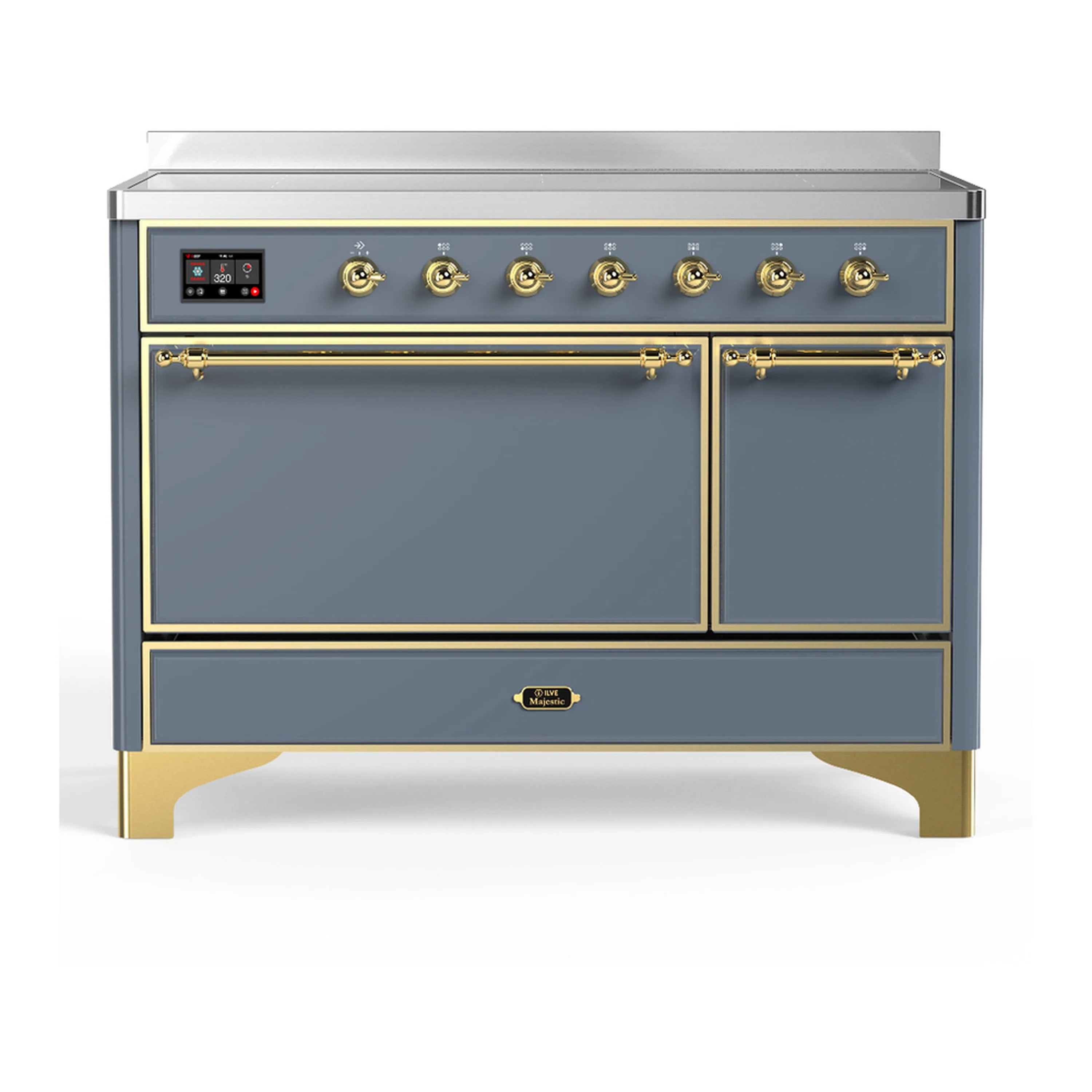 48-inch induction range with blue grey body, solid doors, and brass trim, front view