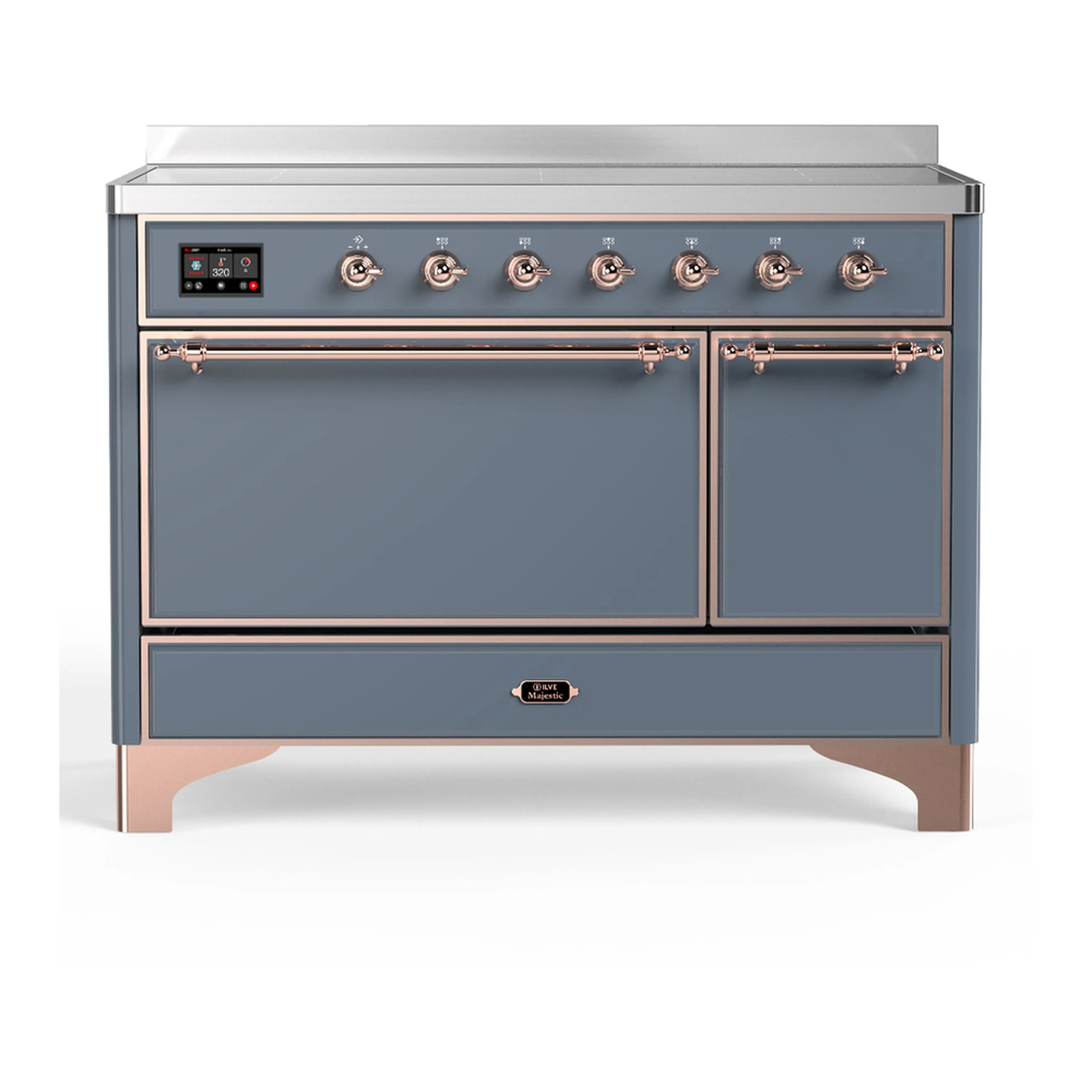 Blue grey induction range with copper trim, six burner knobs, and solid electric oven doors