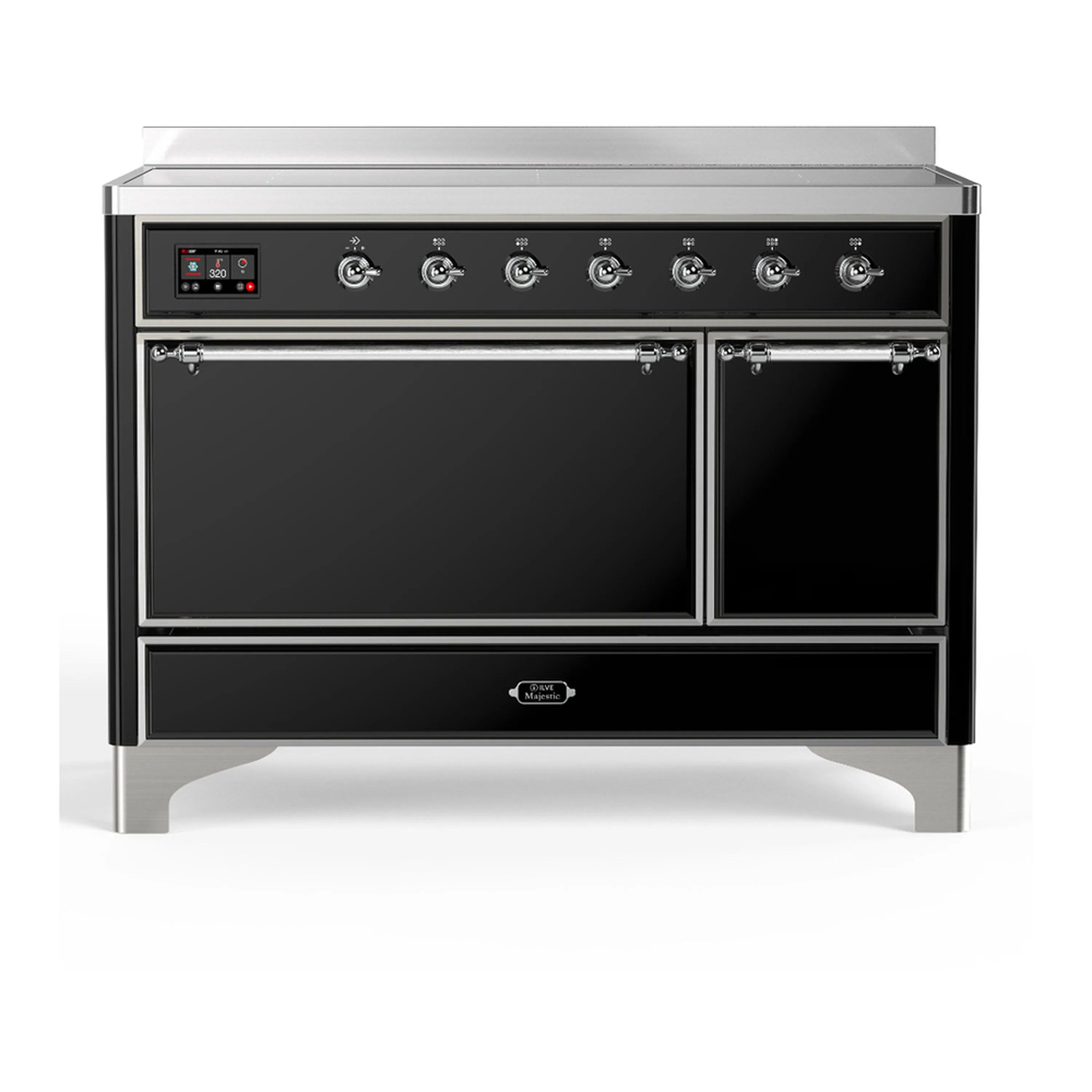Glossy black induction range with chrome trim, dual oven doors and control panel