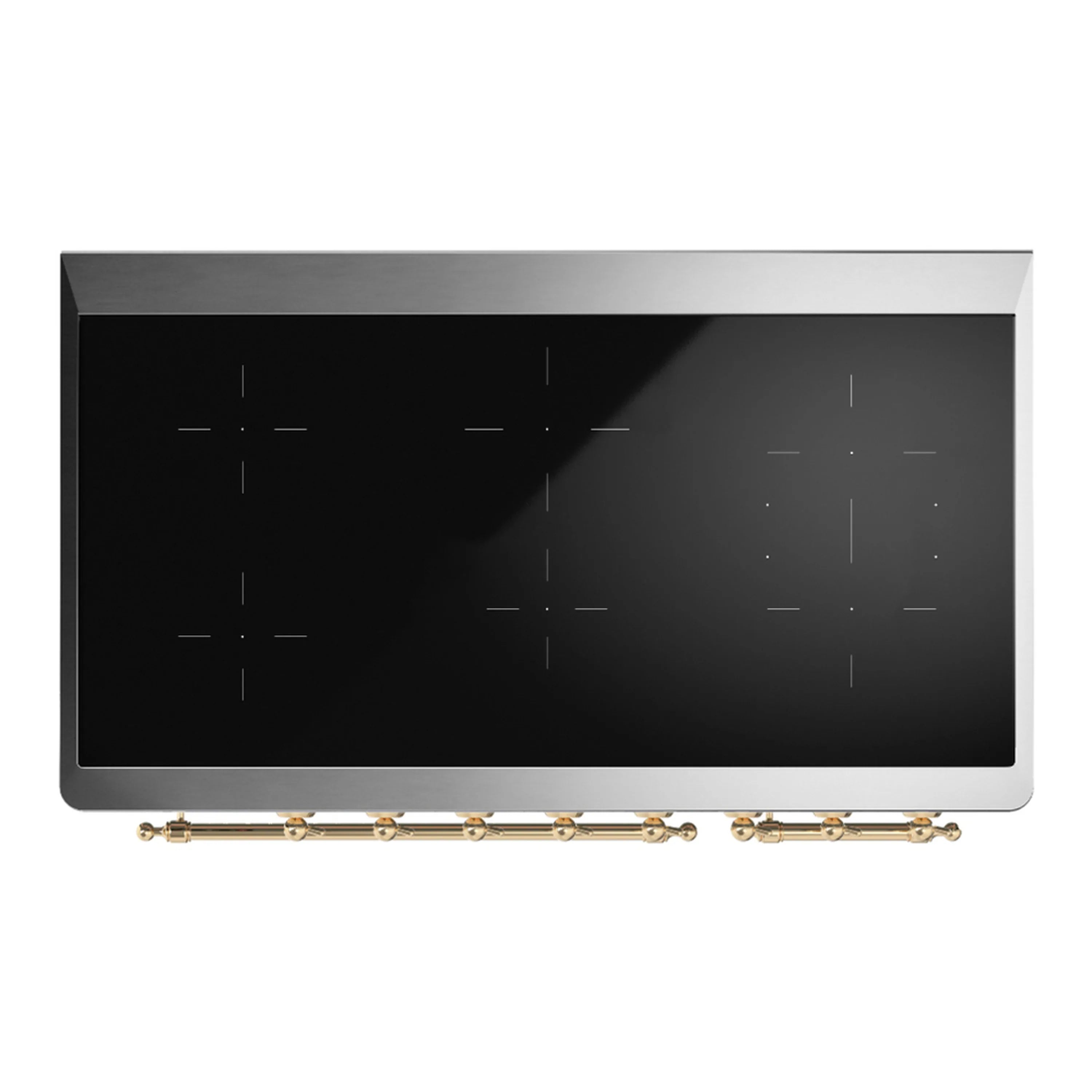 Black induction cooktop glass with pot-size markings and brass control trim