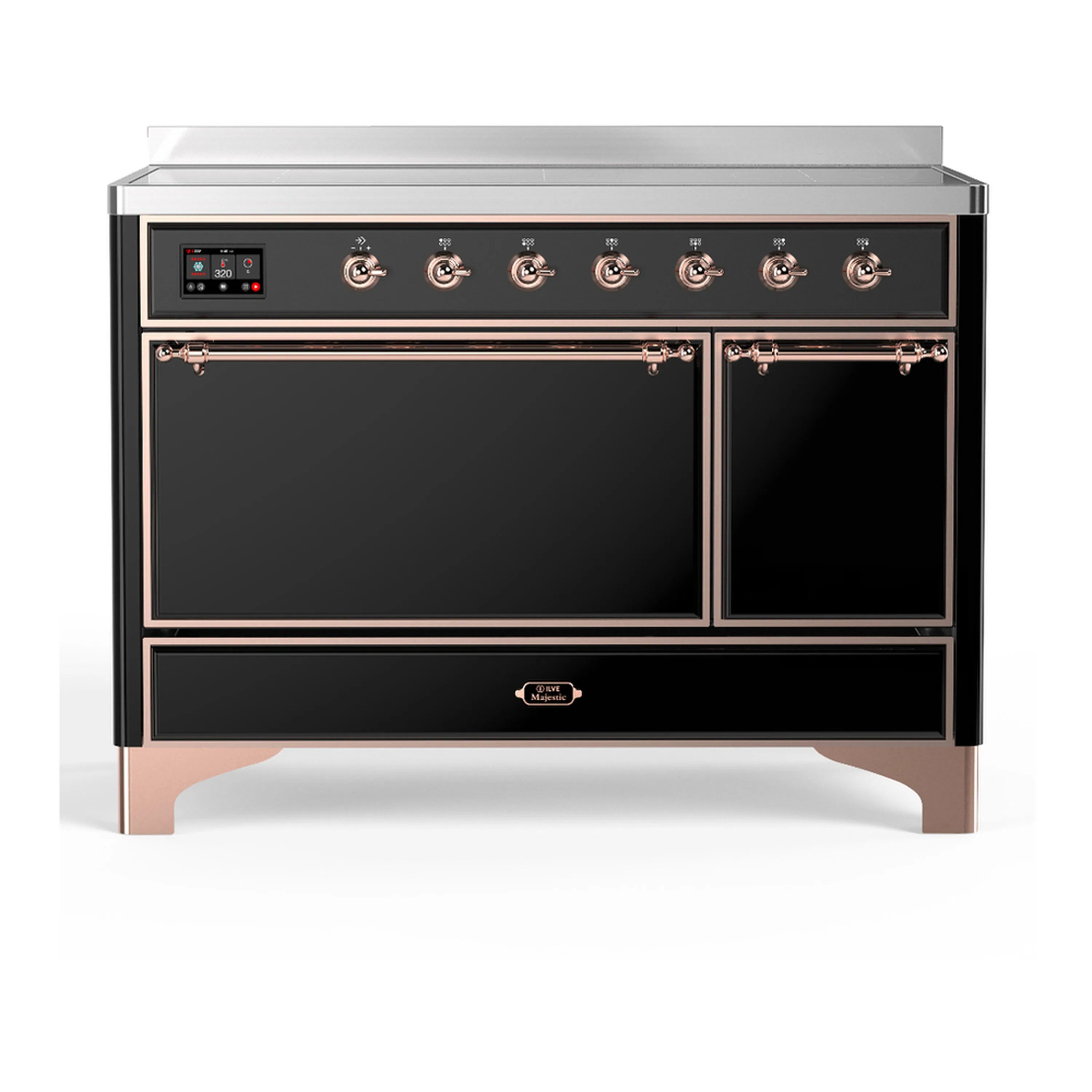 Induction range with glossy black oven and copper trim, double doors and control panel